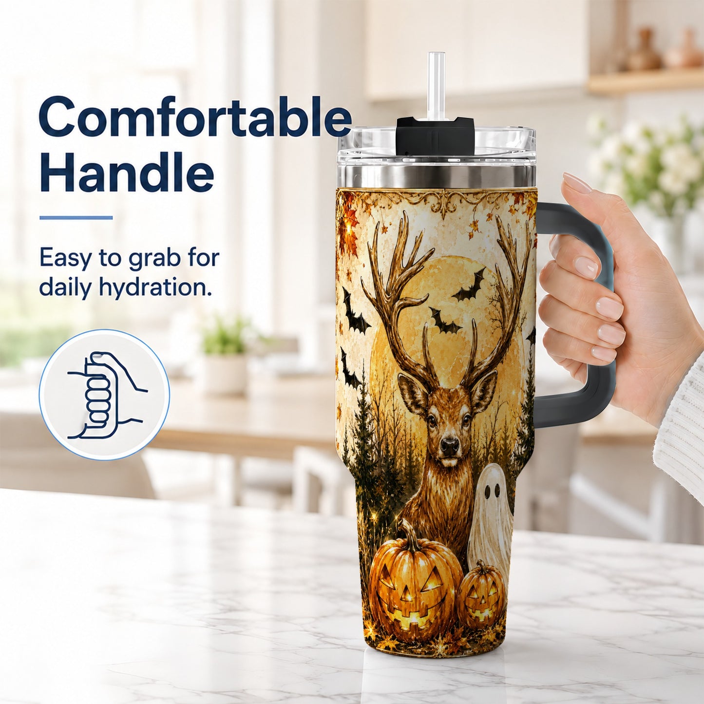 #pl[40oz|Black] Halloween Deer 40oz Tumbler, Ghost Pumpkin Stainless Steel Travel Cup