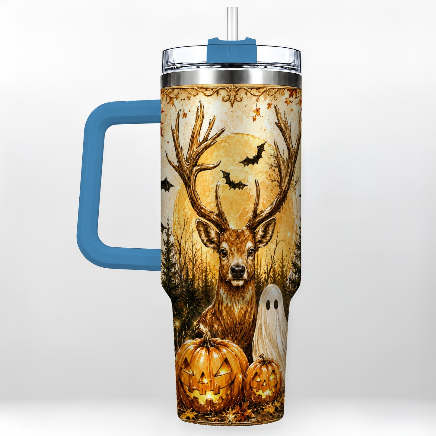 #pl[40oz|Blue] Halloween Deer 40oz Tumbler, Ghost Pumpkin Stainless Steel Travel Cup