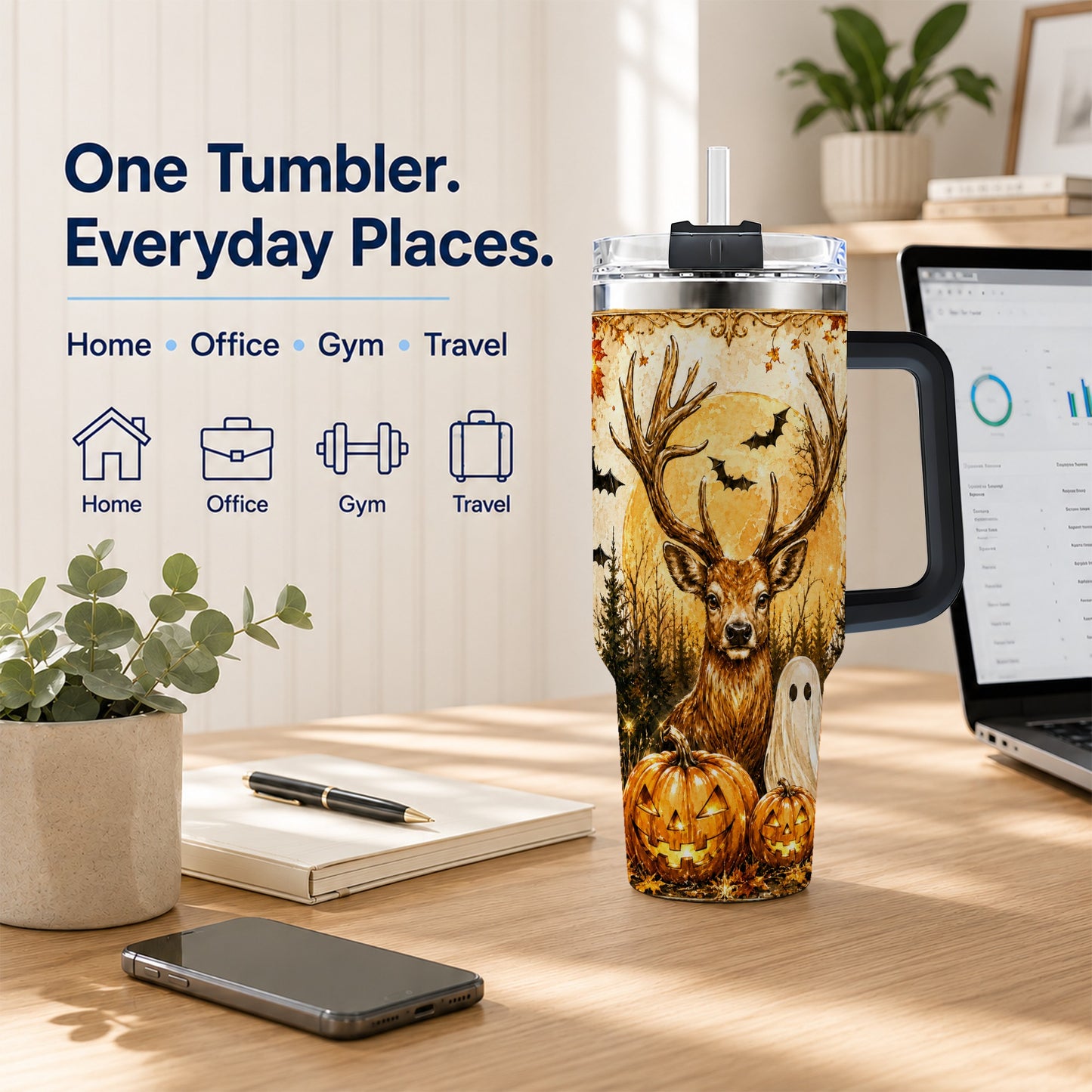 #pl[40oz|Black] Halloween Deer 40oz Tumbler, Ghost Pumpkin Stainless Steel Travel Cup