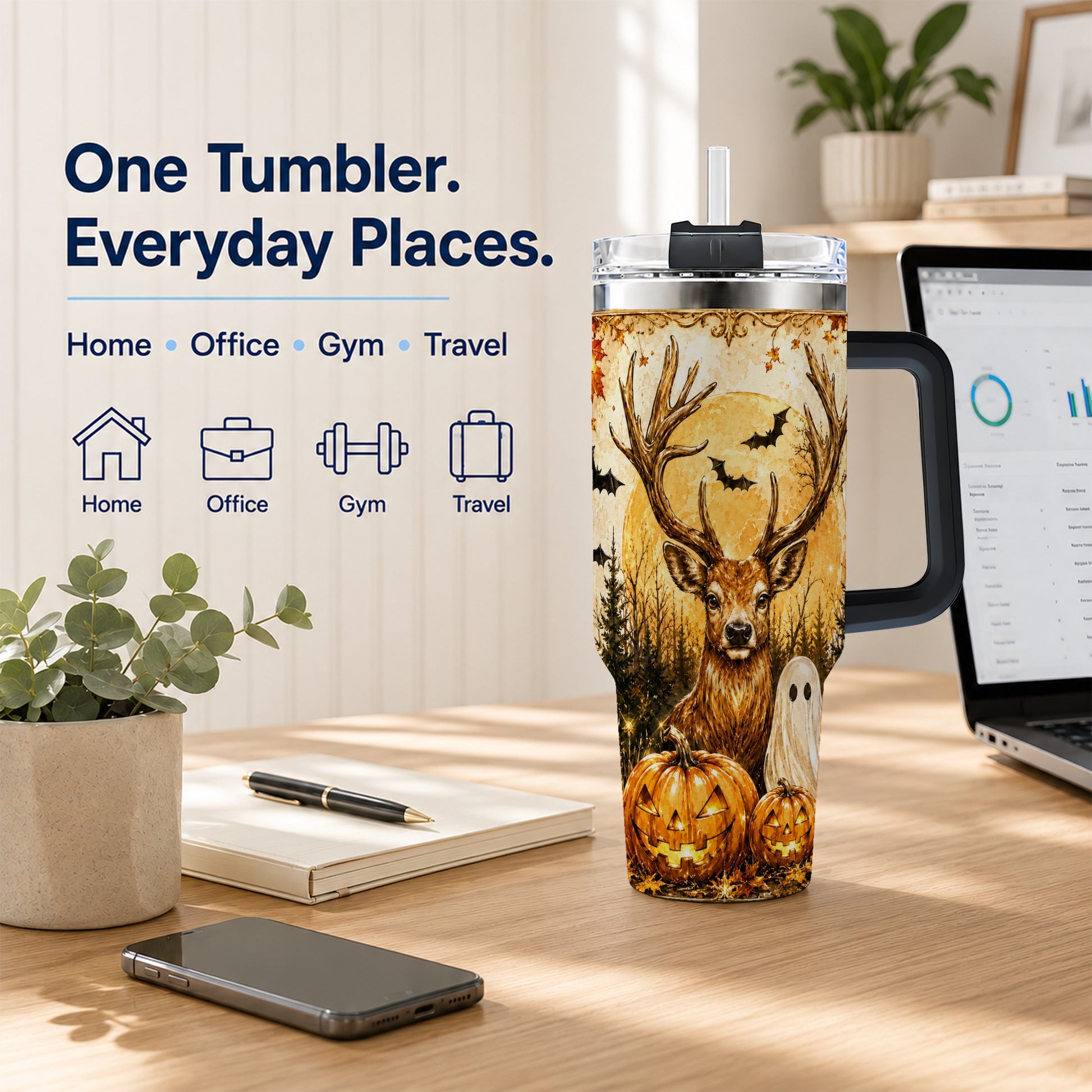 #pl[40oz|Black] Halloween Deer 40oz Tumbler, Ghost Pumpkin Stainless Steel Travel Cup