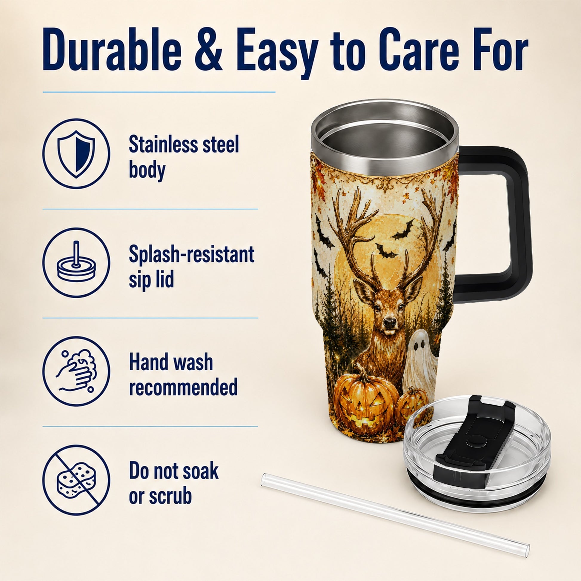 #pl[40oz|Black] Halloween Deer 40oz Tumbler, Ghost Pumpkin Stainless Steel Travel Cup