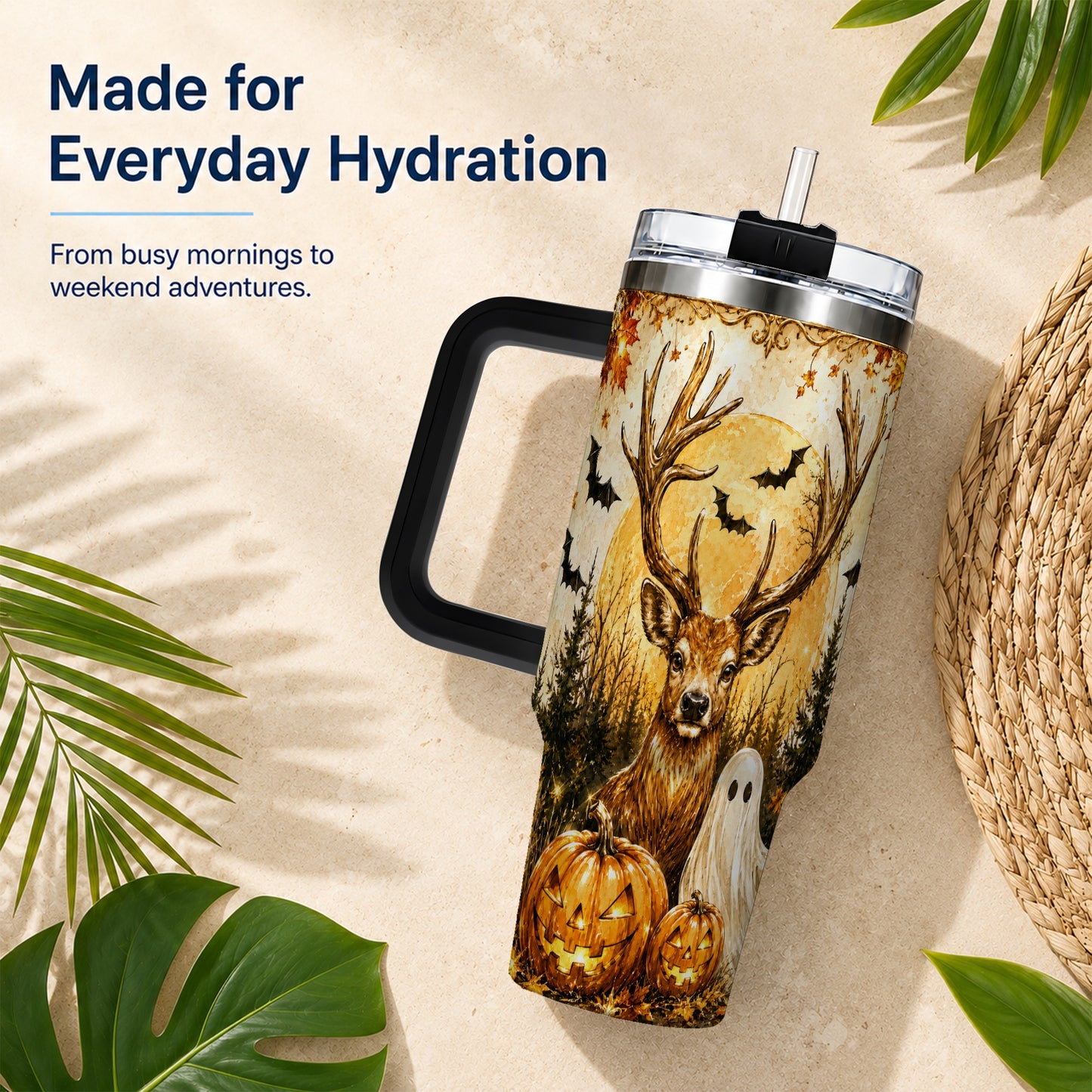 #pl[40oz|Black] Halloween Deer 40oz Tumbler, Ghost Pumpkin Stainless Steel Travel Cup