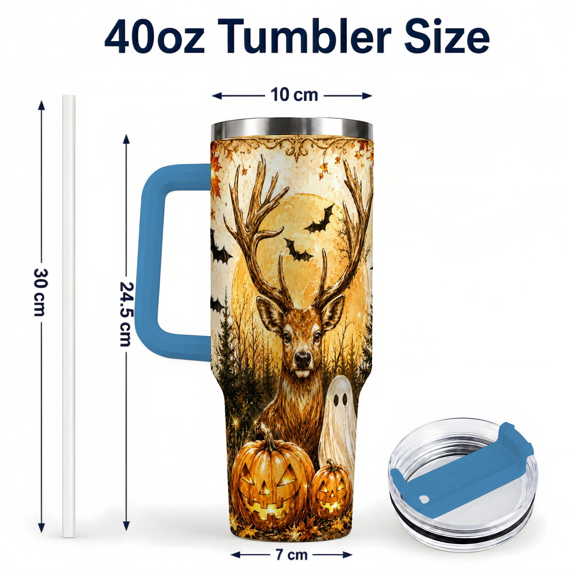 #pl[40oz|Blue] Halloween Deer 40oz Tumbler, Ghost Pumpkin Stainless Steel Travel Cup