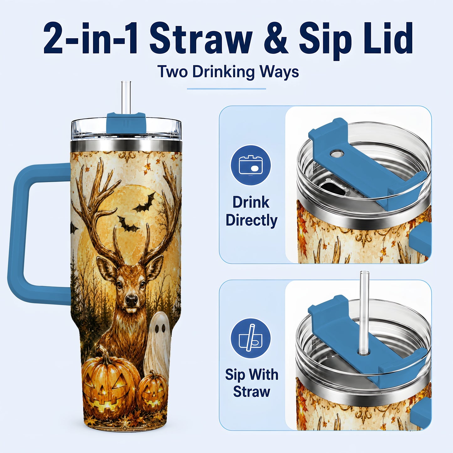 #pl[40oz|Blue] Halloween Deer 40oz Tumbler, Ghost Pumpkin Stainless Steel Travel Cup