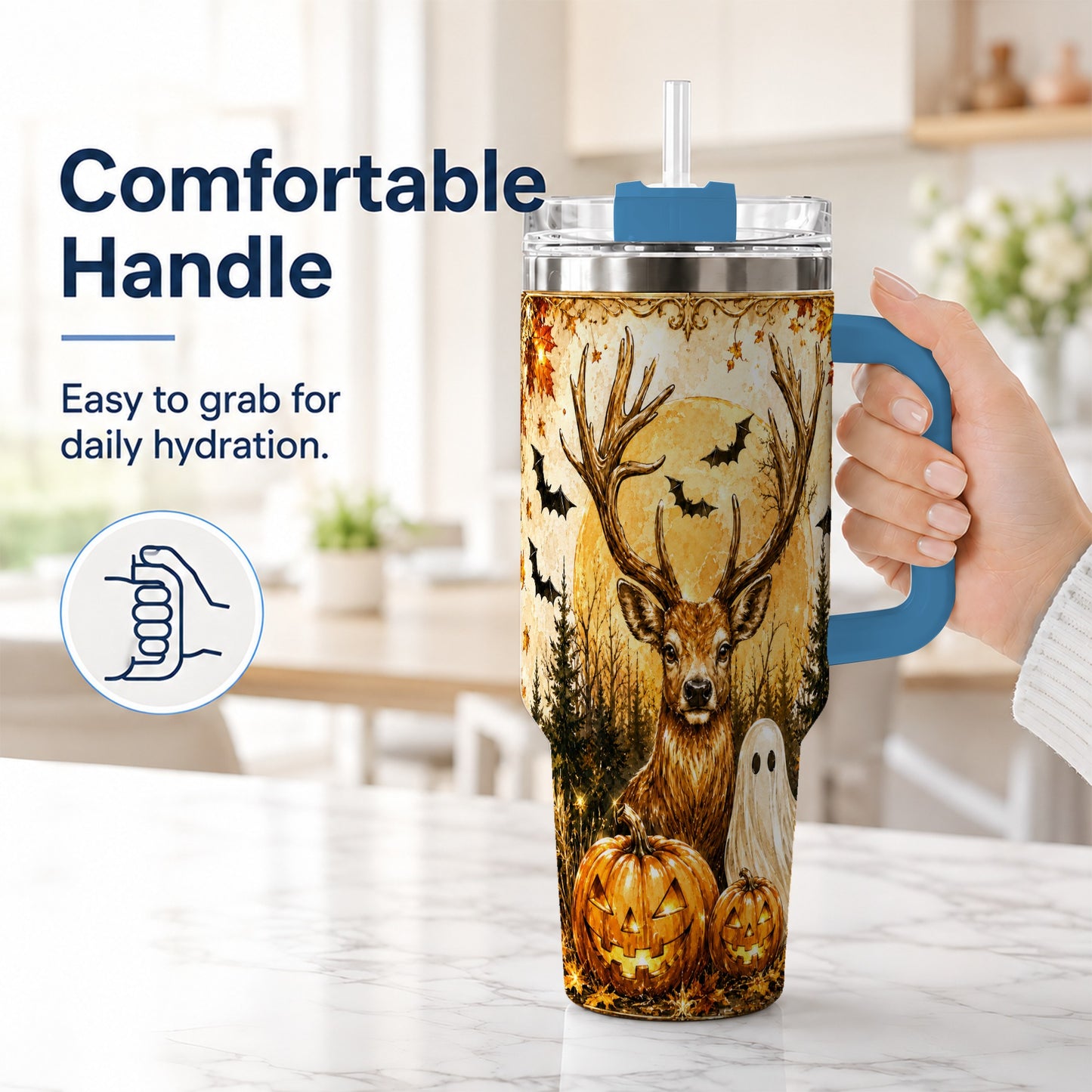 #pl[40oz|Blue] Halloween Deer 40oz Tumbler, Ghost Pumpkin Stainless Steel Travel Cup