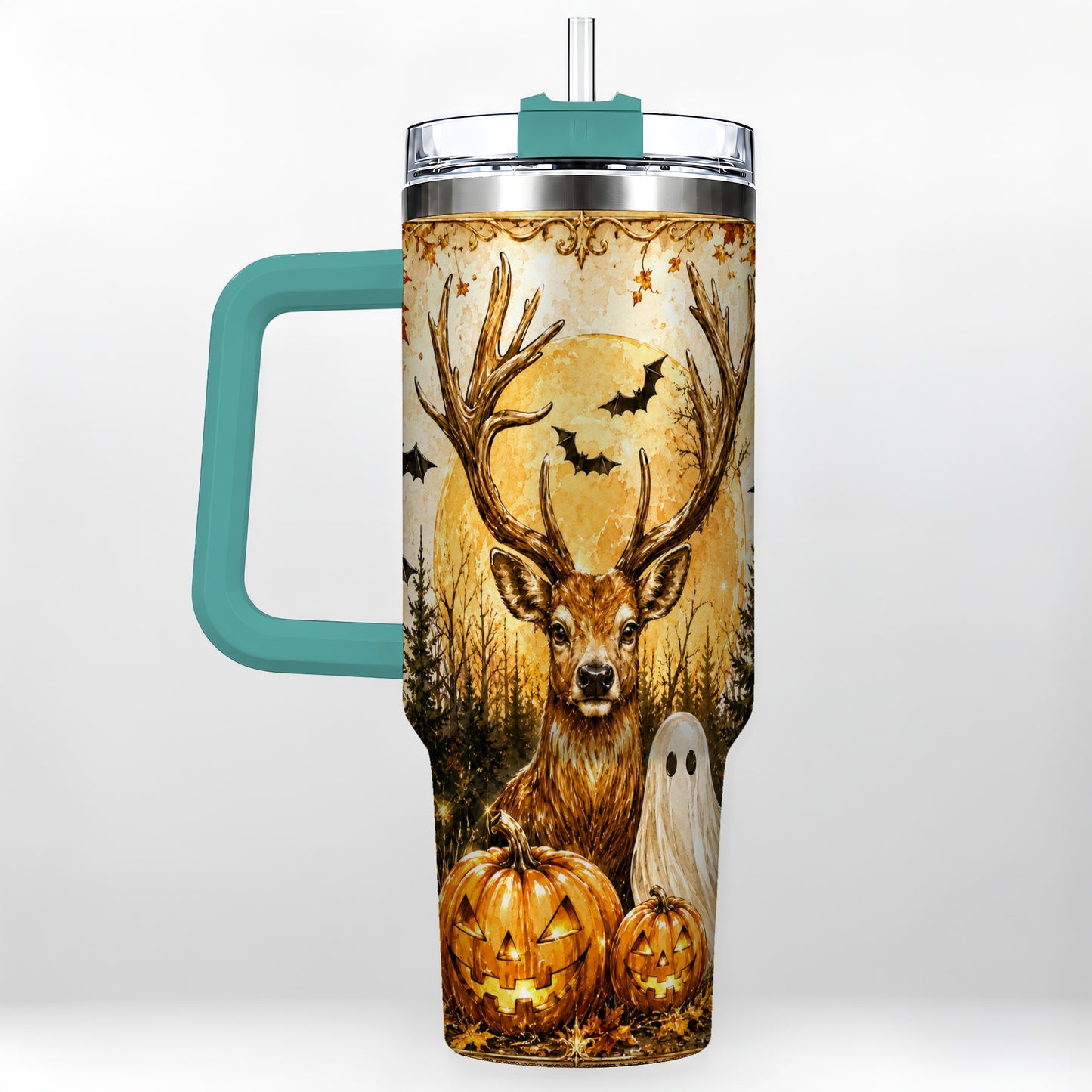 #pl[40oz|Green] Halloween Deer 40oz Tumbler, Ghost Pumpkin Stainless Steel Travel Cup