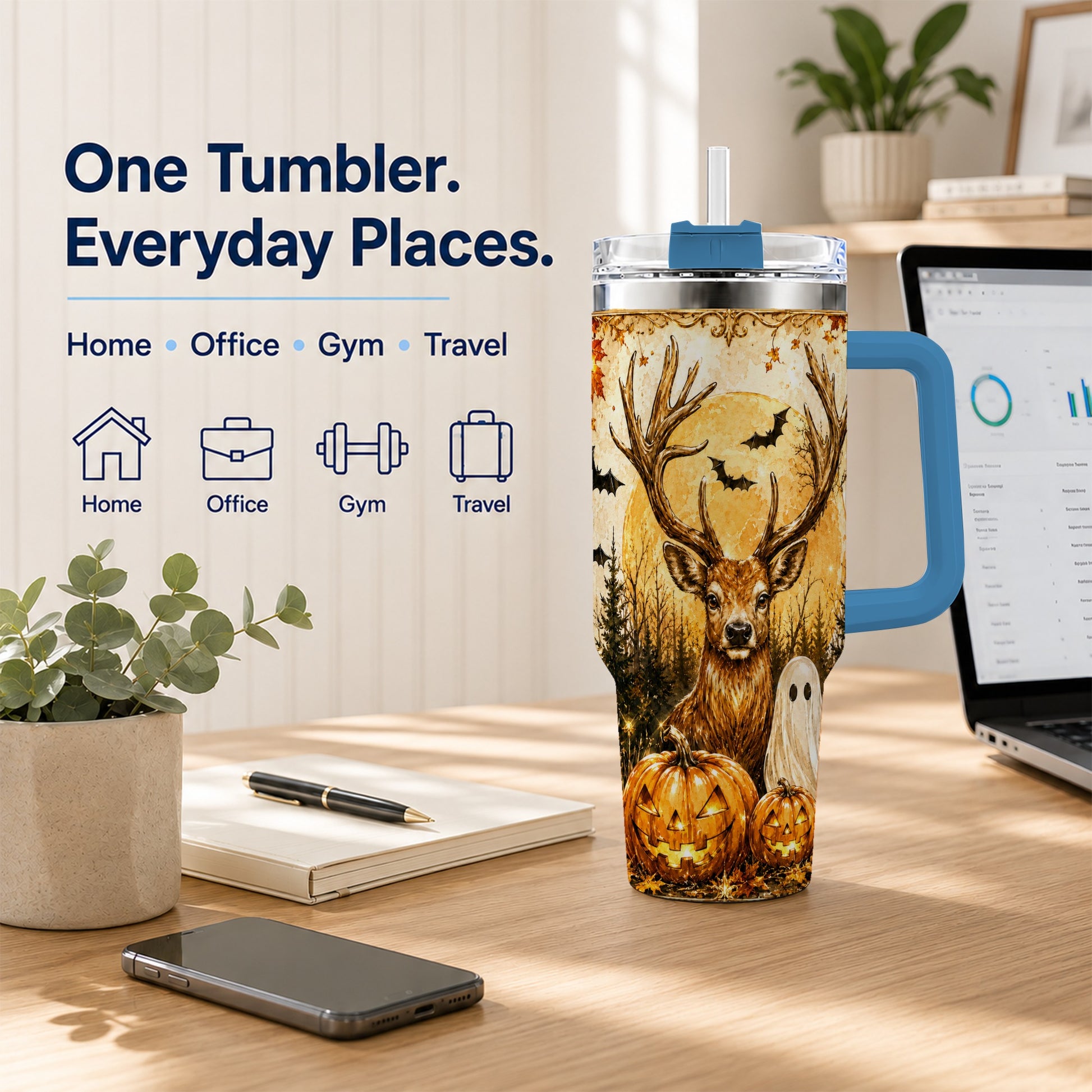 #pl[40oz|Blue] Halloween Deer 40oz Tumbler, Ghost Pumpkin Stainless Steel Travel Cup