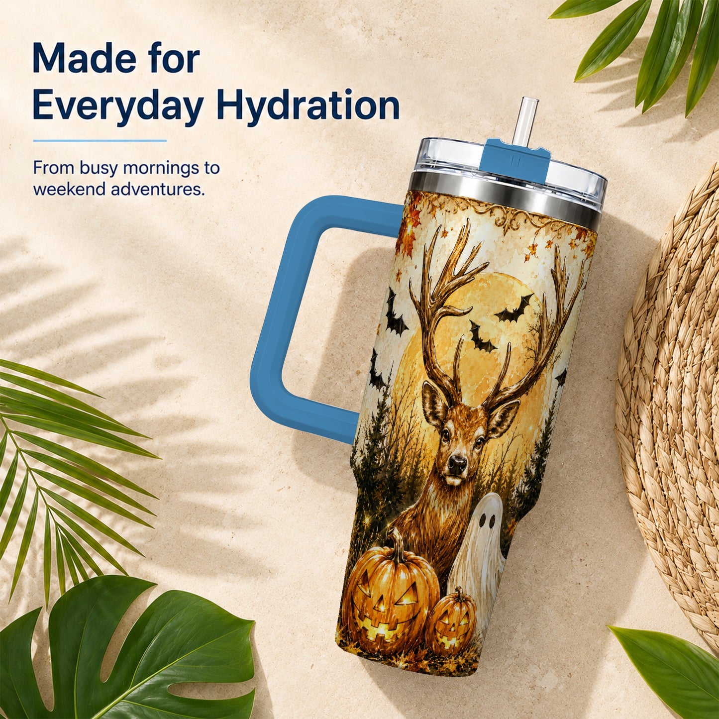 #pl[40oz|Blue] Halloween Deer 40oz Tumbler, Ghost Pumpkin Stainless Steel Travel Cup