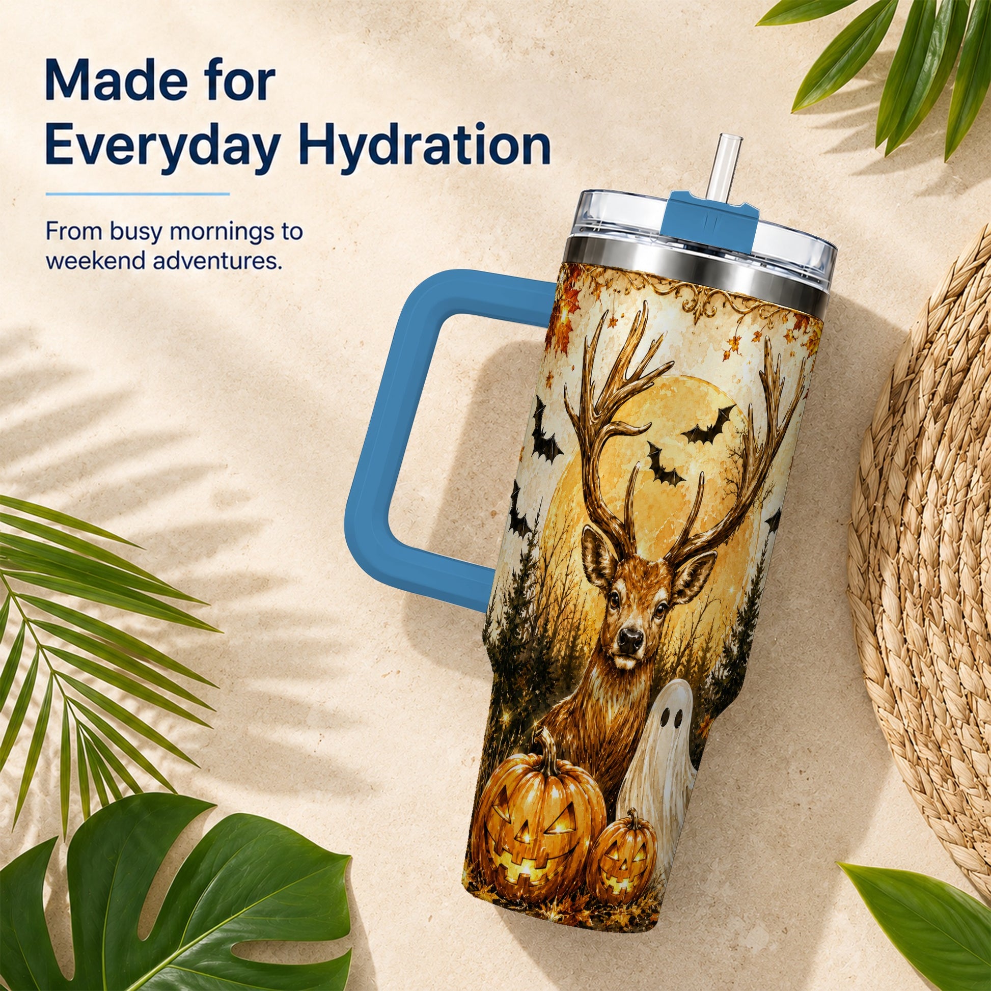 #pl[40oz|Blue] Halloween Deer 40oz Tumbler, Ghost Pumpkin Stainless Steel Travel Cup