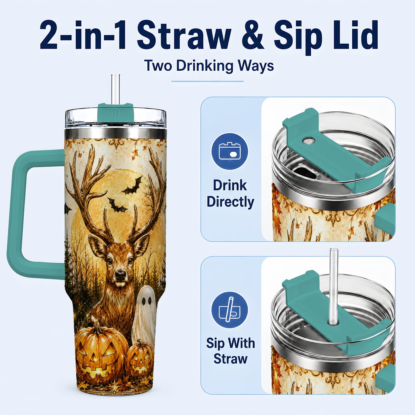 #pl[40oz|Green] Halloween Deer 40oz Tumbler, Ghost Pumpkin Stainless Steel Travel Cup