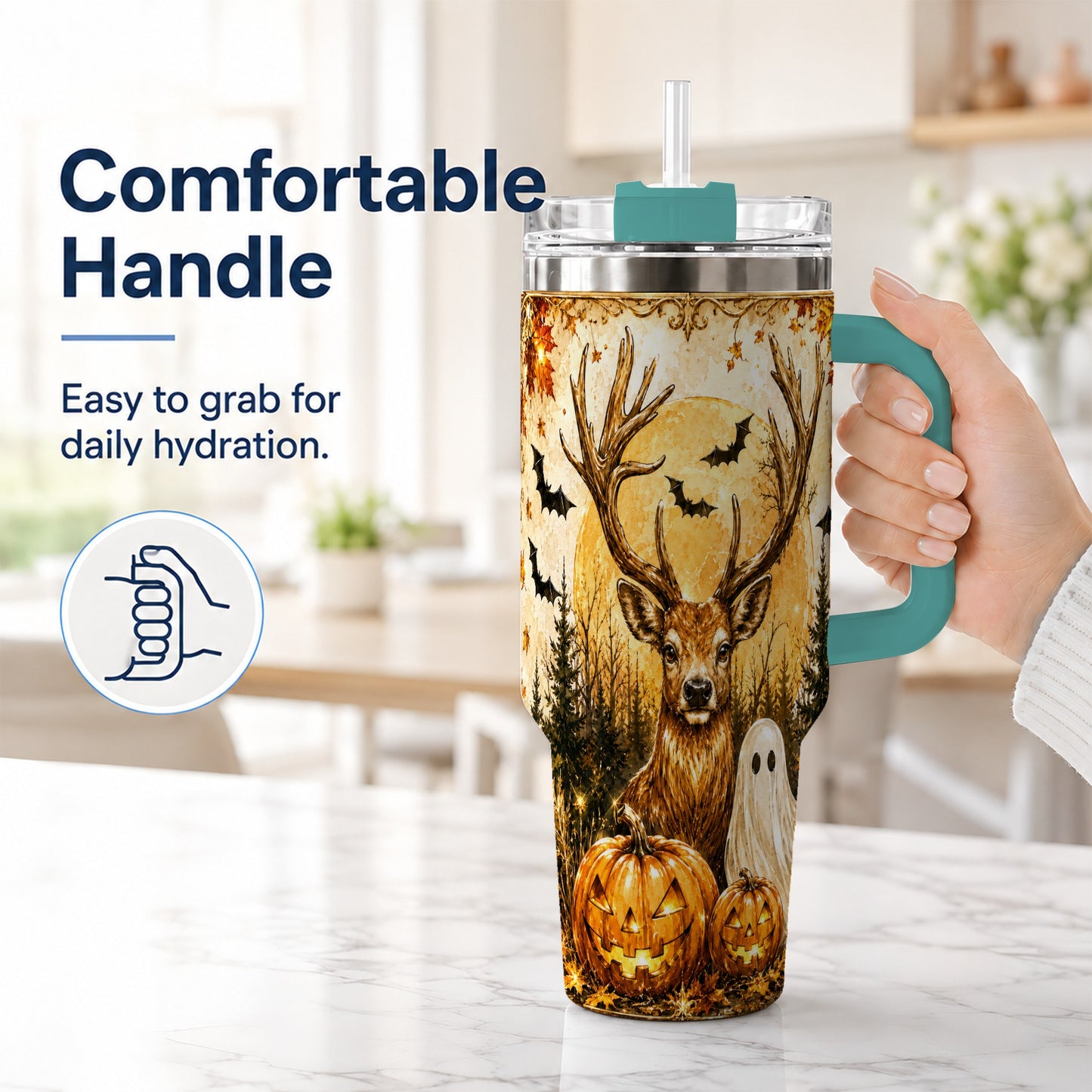 #pl[40oz|Green] Halloween Deer 40oz Tumbler, Ghost Pumpkin Stainless Steel Travel Cup