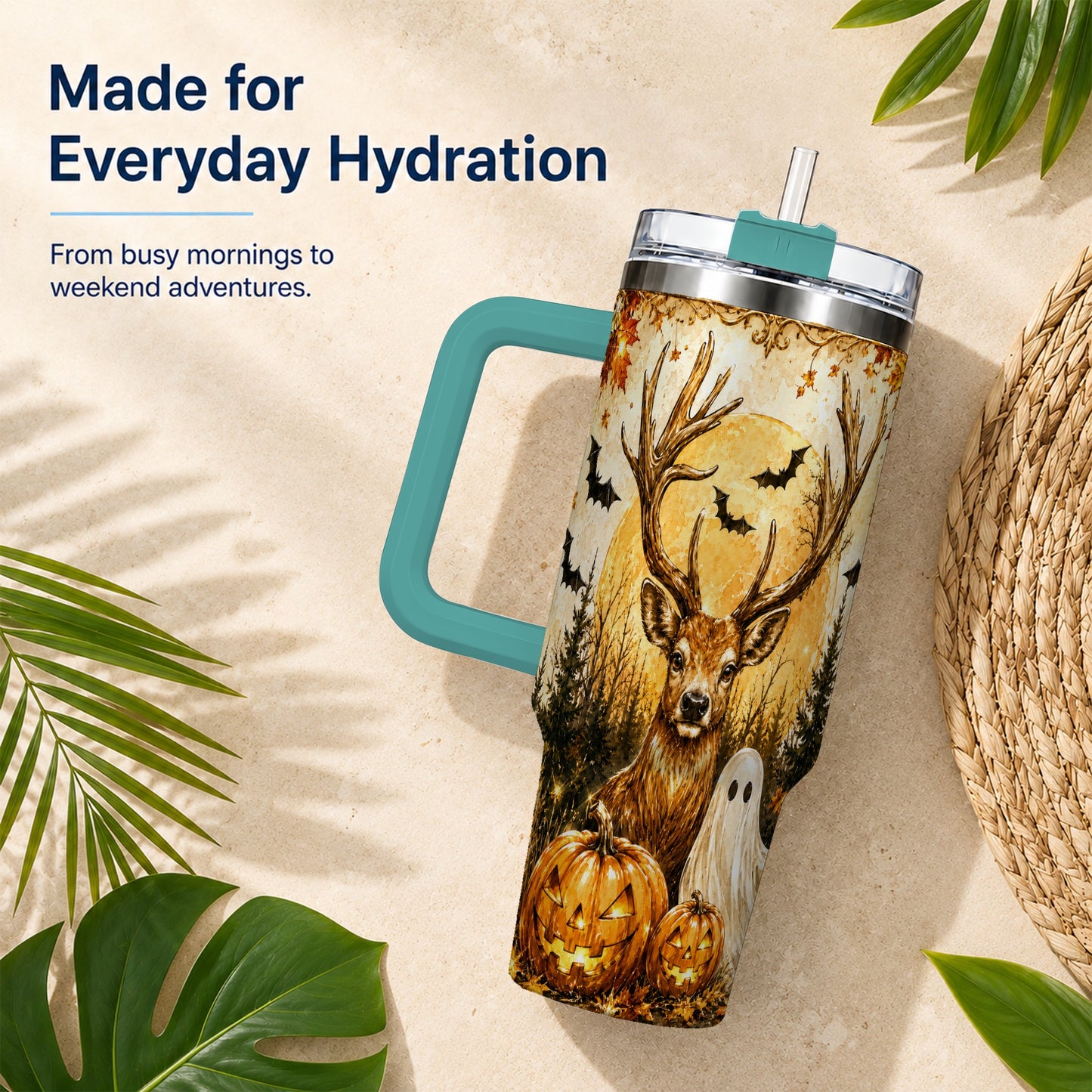 #pl[40oz|Green] Halloween Deer 40oz Tumbler, Ghost Pumpkin Stainless Steel Travel Cup