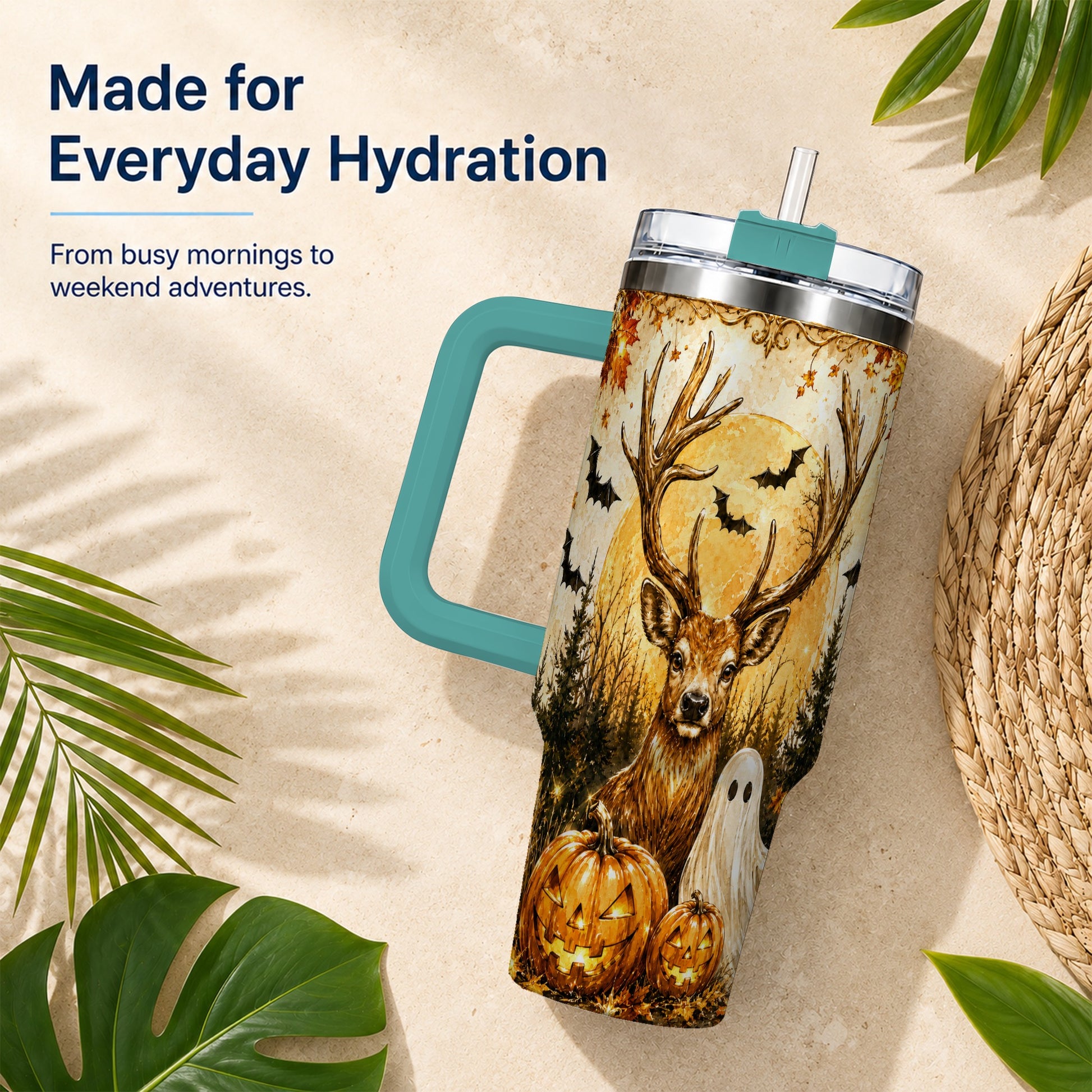 #pl[40oz|Green] Halloween Deer 40oz Tumbler, Ghost Pumpkin Stainless Steel Travel Cup