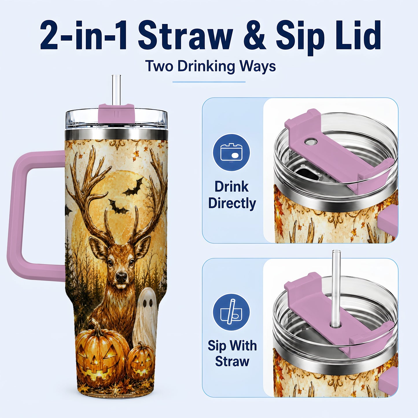 #pl[40oz|Pink] Halloween Deer 40oz Tumbler, Ghost Pumpkin Stainless Steel Travel Cup