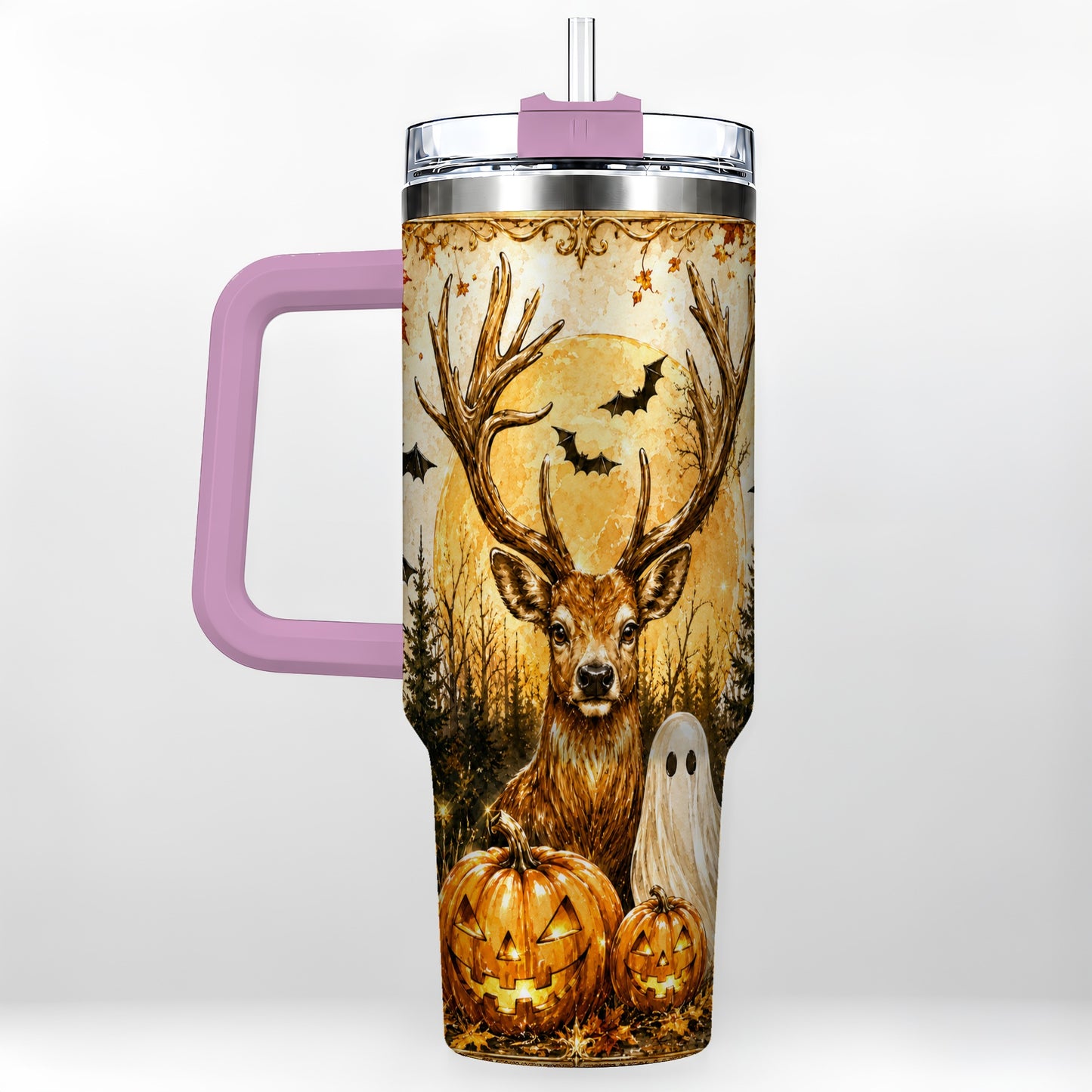 #pl[40oz|Pink] Halloween Deer 40oz Tumbler, Ghost Pumpkin Stainless Steel Travel Cup