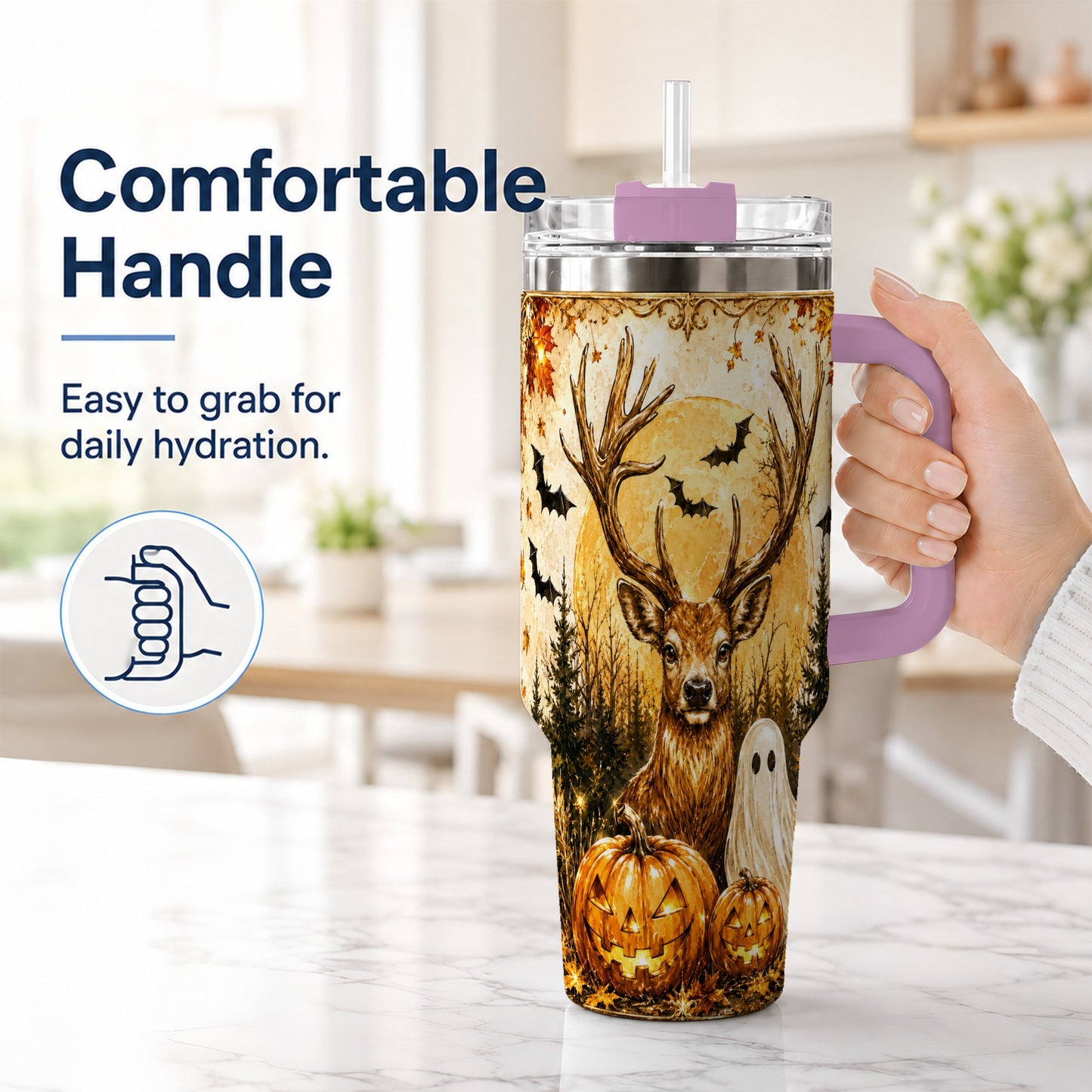 #pl[40oz|Pink] Halloween Deer 40oz Tumbler, Ghost Pumpkin Stainless Steel Travel Cup