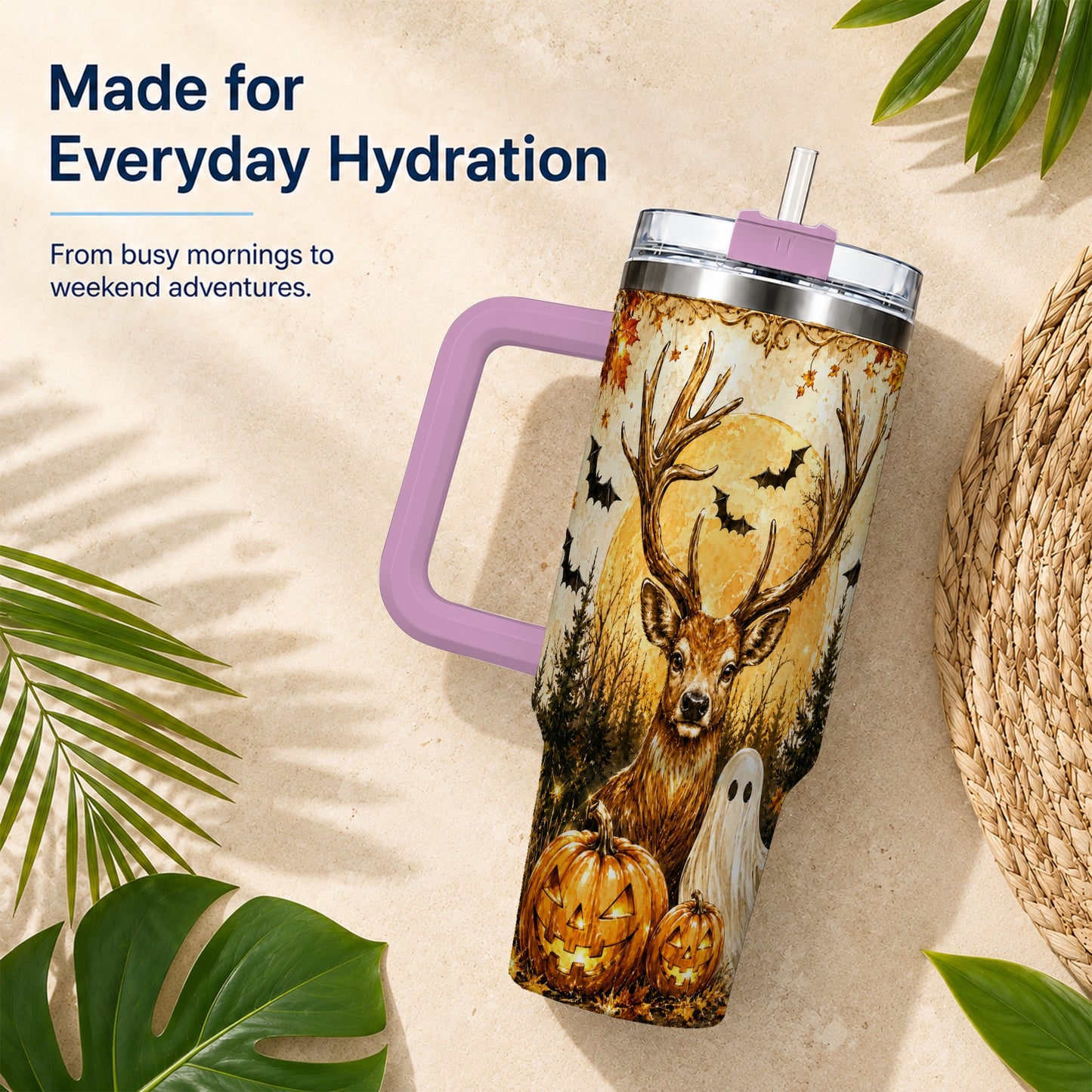 #pl[40oz|Pink] Halloween Deer 40oz Tumbler, Ghost Pumpkin Stainless Steel Travel Cup