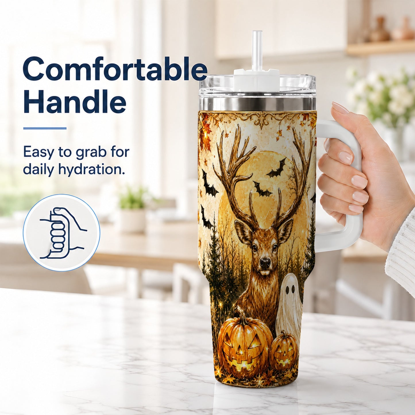 #pl[40oz|White] Halloween Deer 40oz Tumbler, Ghost Pumpkin Stainless Steel Travel Cup
