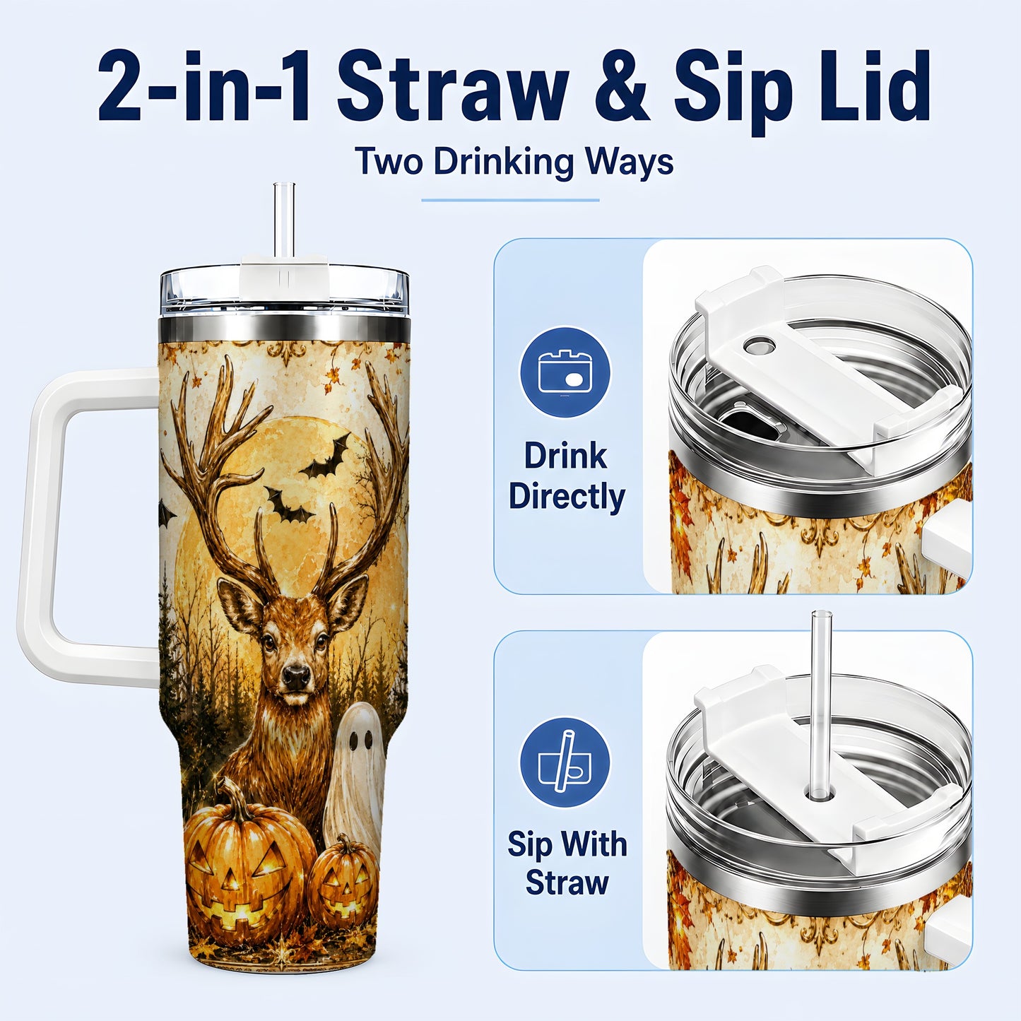#pl[40oz|White] Halloween Deer 40oz Tumbler, Ghost Pumpkin Stainless Steel Travel Cup