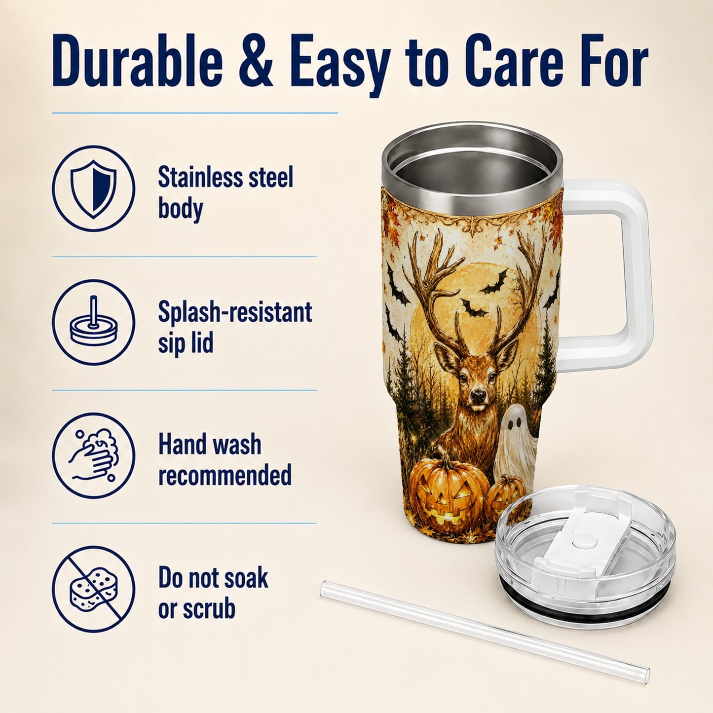 #pl[40oz|White] Halloween Deer 40oz Tumbler, Ghost Pumpkin Stainless Steel Travel Cup