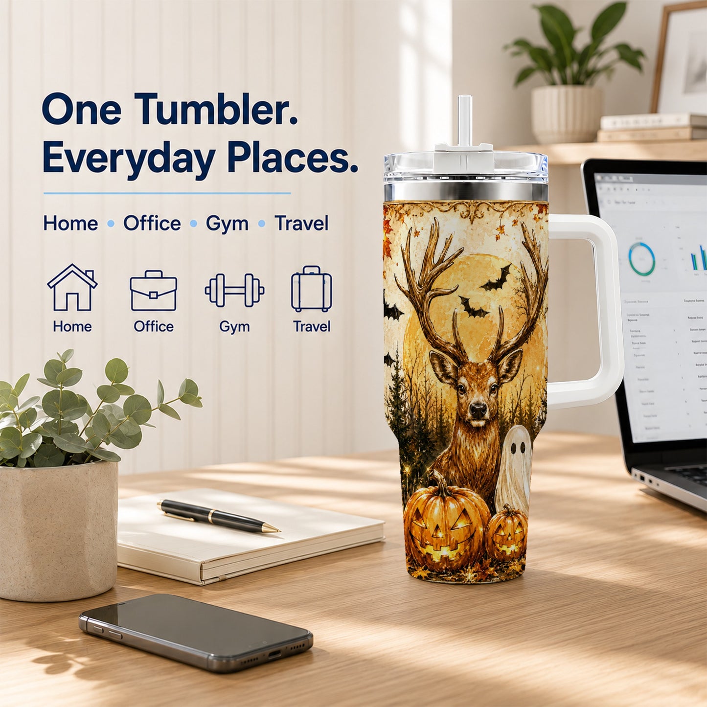 #pl[40oz|White] Halloween Deer 40oz Tumbler, Ghost Pumpkin Stainless Steel Travel Cup