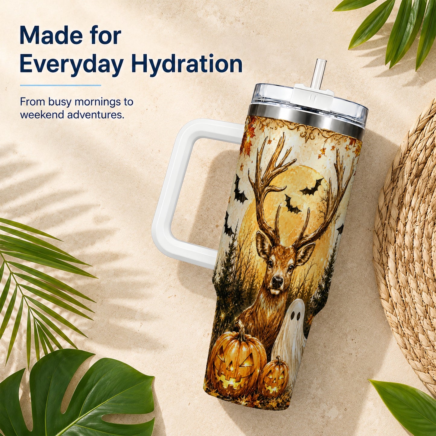 #pl[40oz|White] Halloween Deer 40oz Tumbler, Ghost Pumpkin Stainless Steel Travel Cup