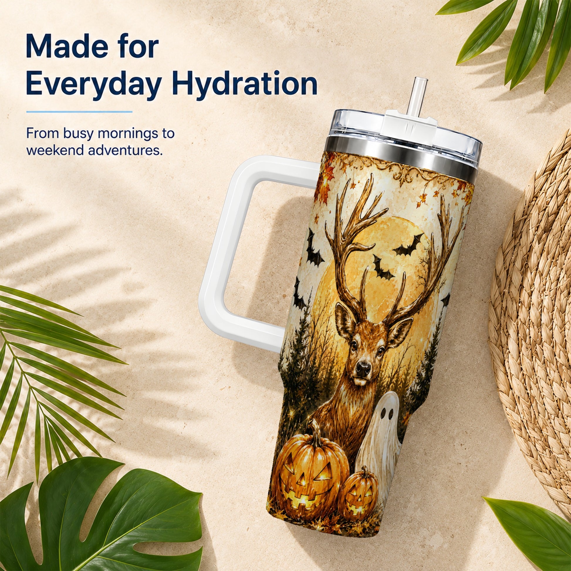 #pl[40oz|White] Halloween Deer 40oz Tumbler, Ghost Pumpkin Stainless Steel Travel Cup