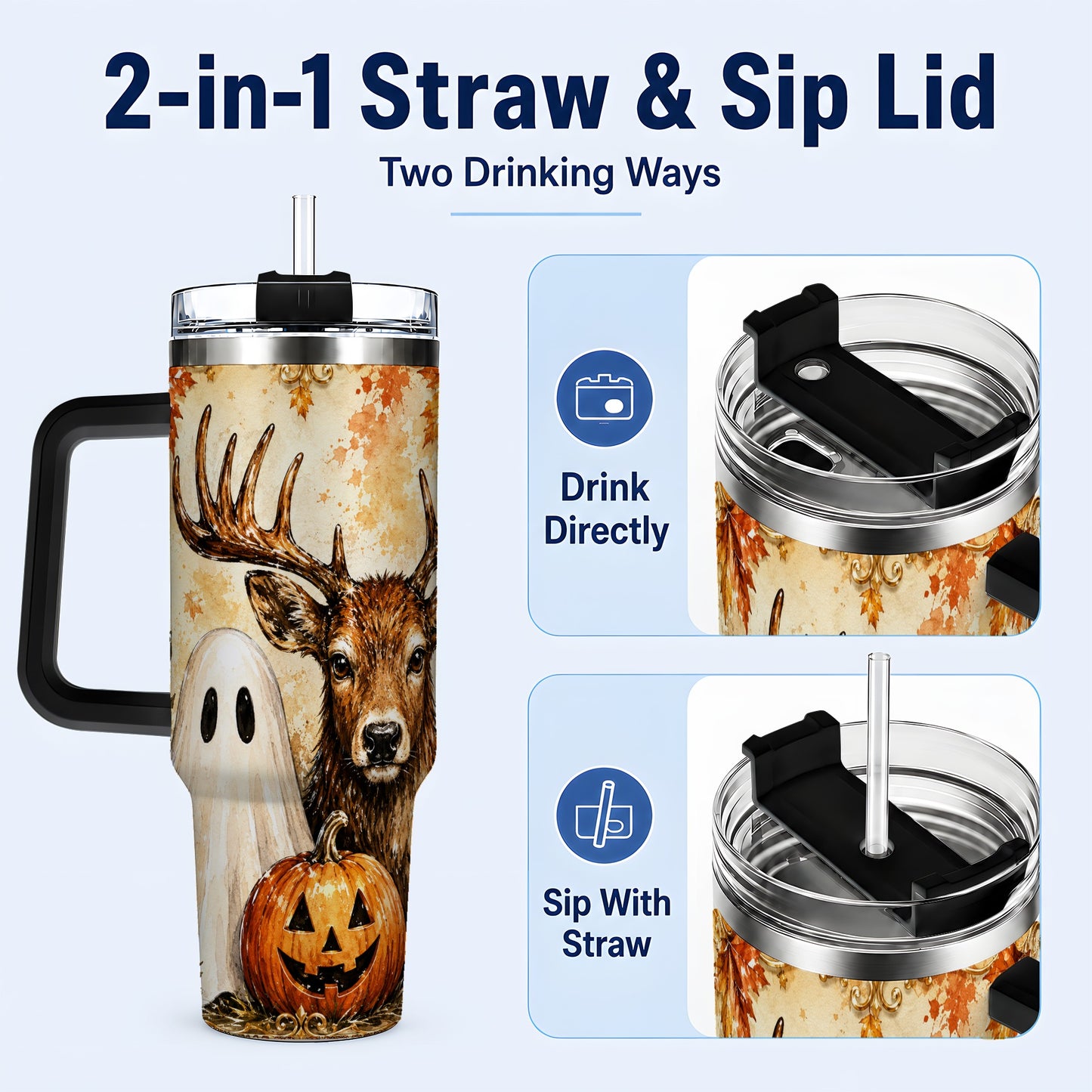 #pl[40oz|Black] Autumn Deer 40oz Tumbler, Ghost Pumpkin Stainless Steel Travel Cup