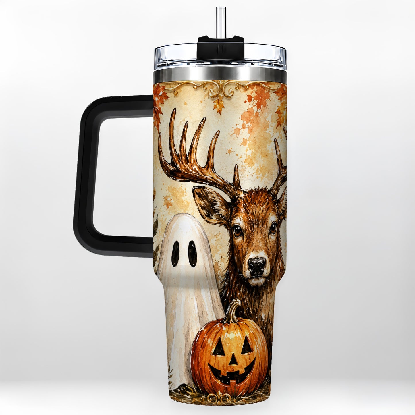 #pl[40oz|Black] Autumn Deer 40oz Tumbler, Ghost Pumpkin Stainless Steel Travel Cup
