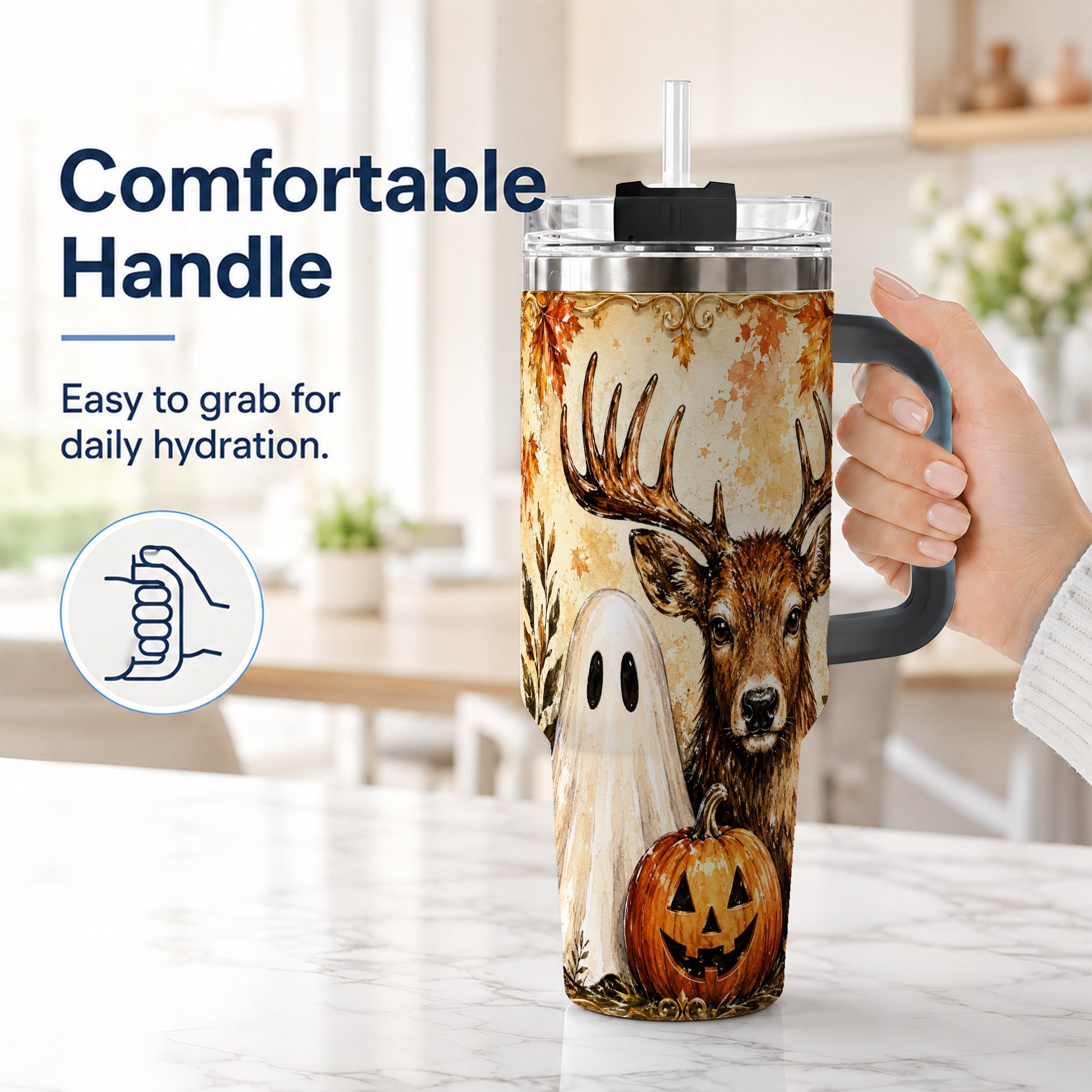 #pl[40oz|Black] Autumn Deer 40oz Tumbler, Ghost Pumpkin Stainless Steel Travel Cup