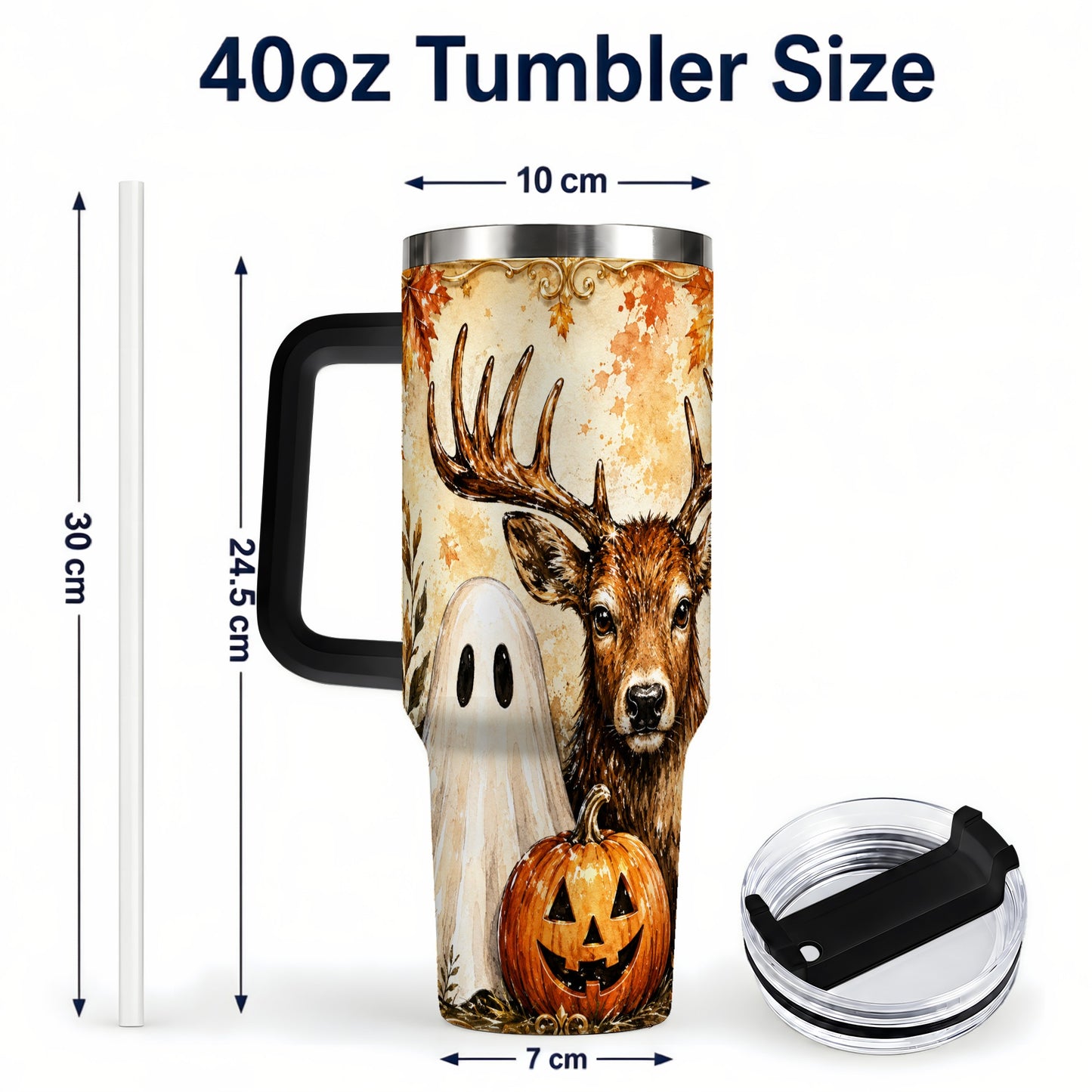 #pl[40oz|Black] Autumn Deer 40oz Tumbler, Ghost Pumpkin Stainless Steel Travel Cup