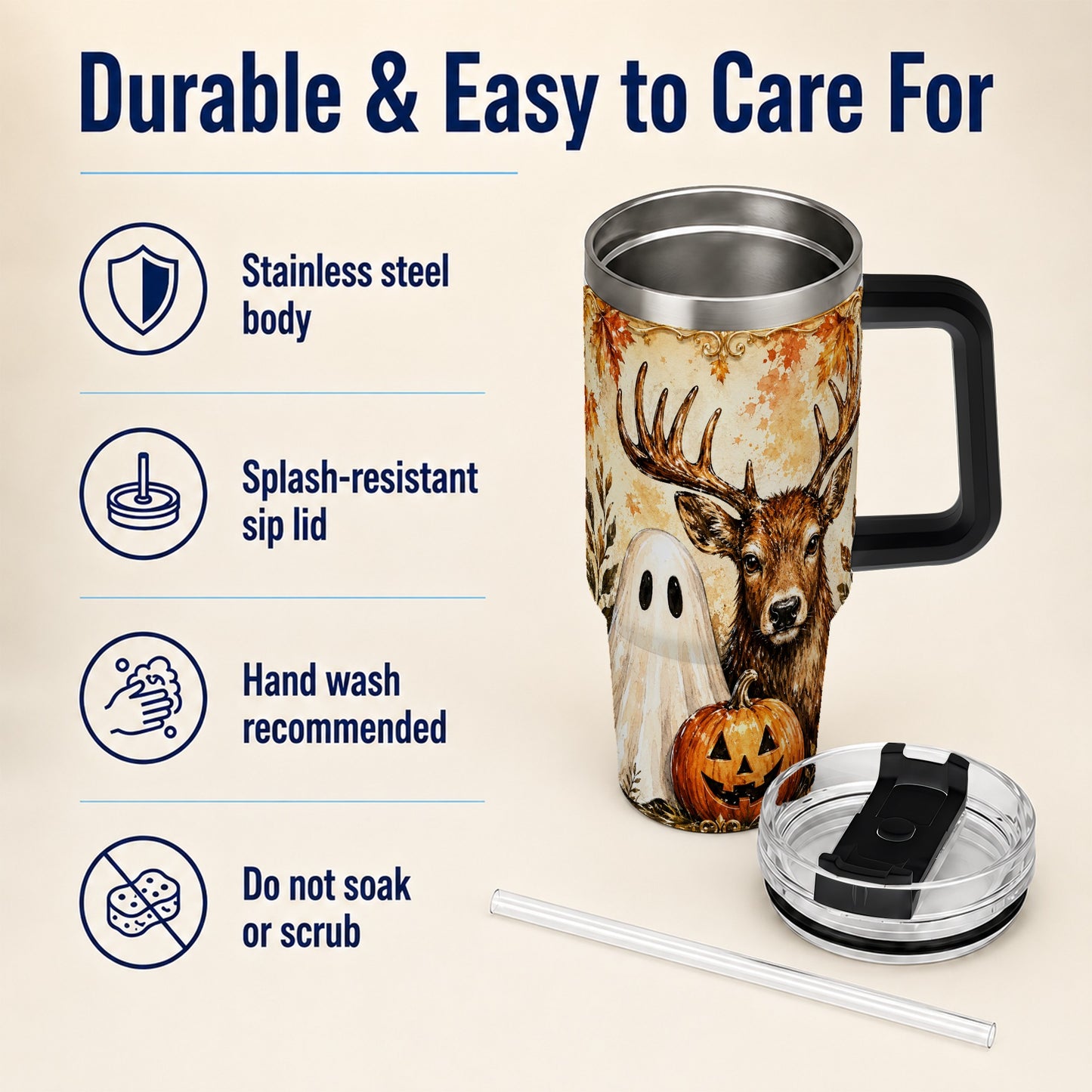 #pl[40oz|Black] Autumn Deer 40oz Tumbler, Ghost Pumpkin Stainless Steel Travel Cup