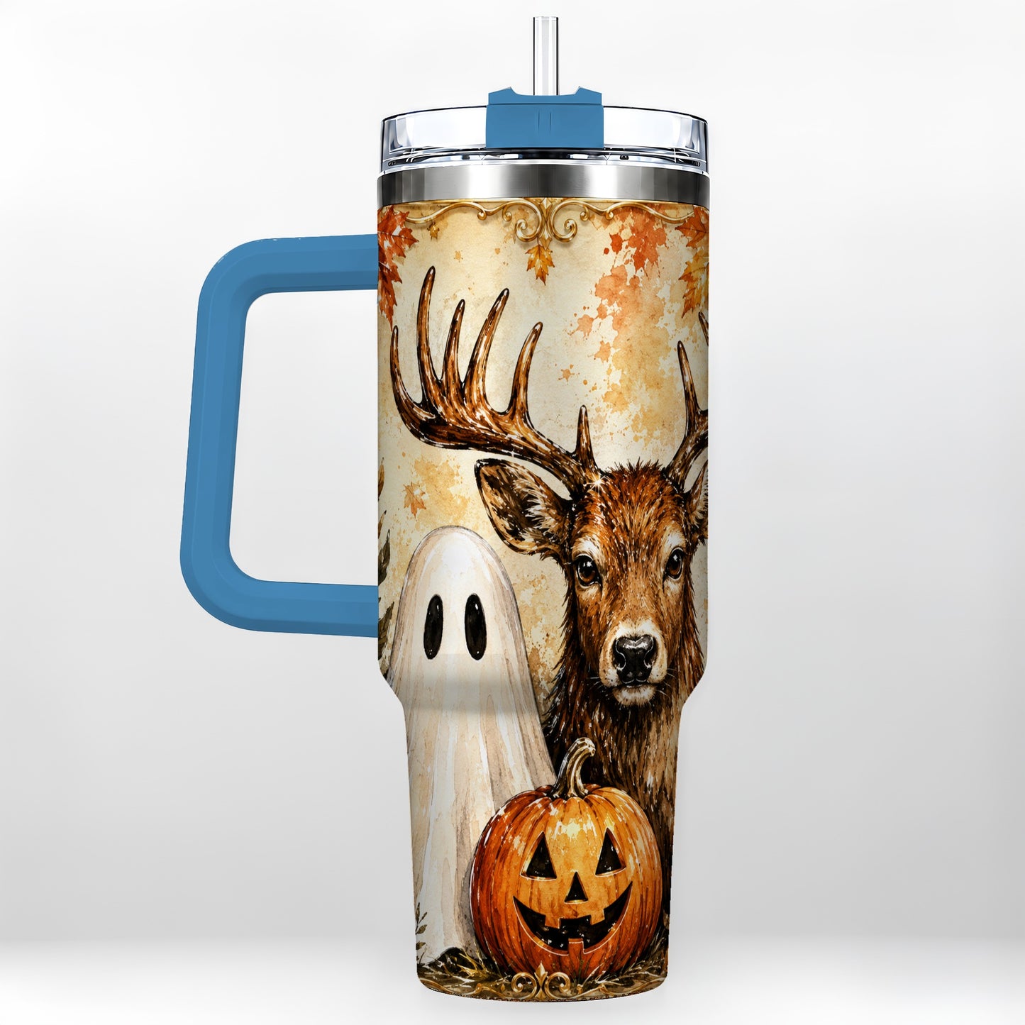 #pl[40oz|Blue] Autumn Deer 40oz Tumbler, Ghost Pumpkin Stainless Steel Travel Cup