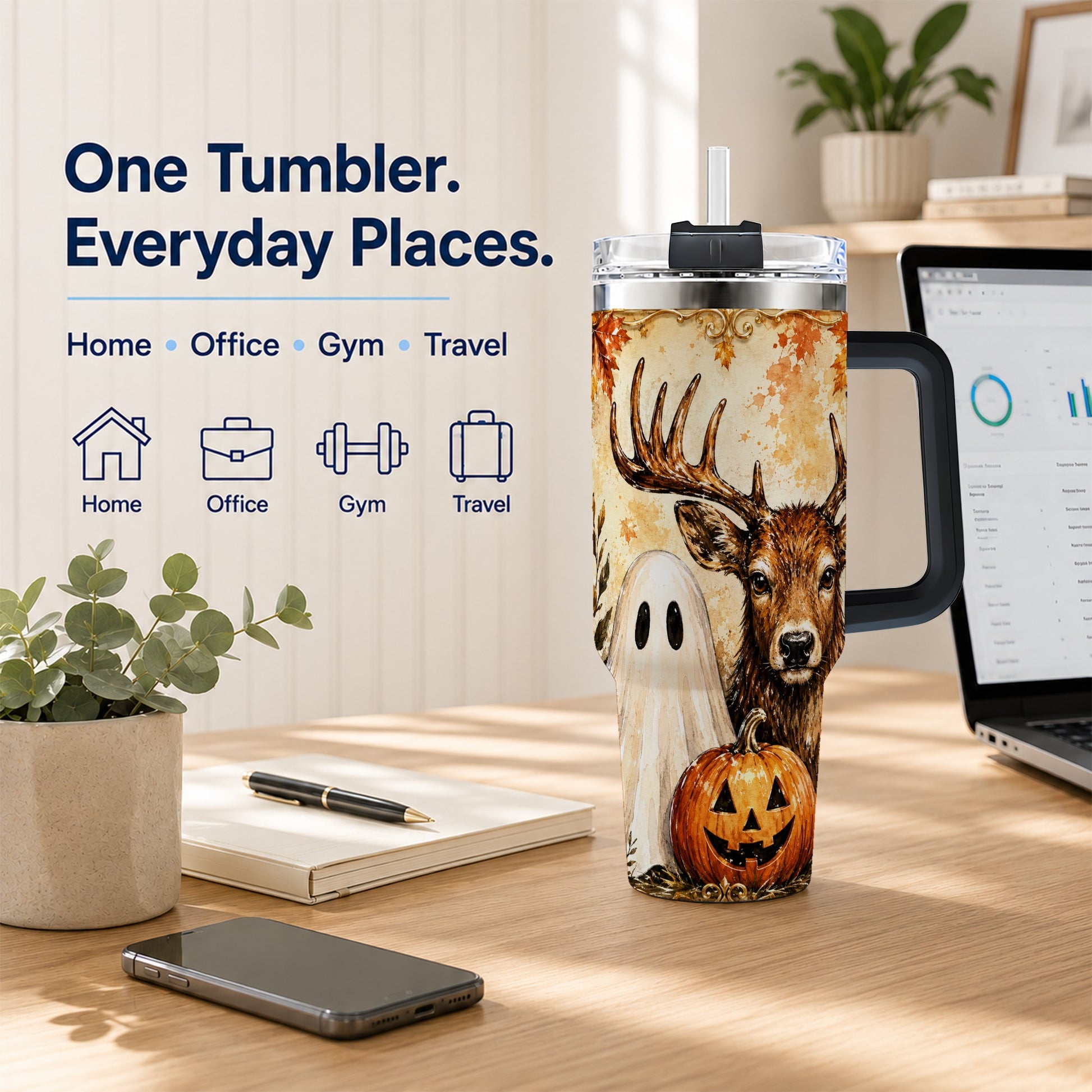 #pl[40oz|Black] Autumn Deer 40oz Tumbler, Ghost Pumpkin Stainless Steel Travel Cup