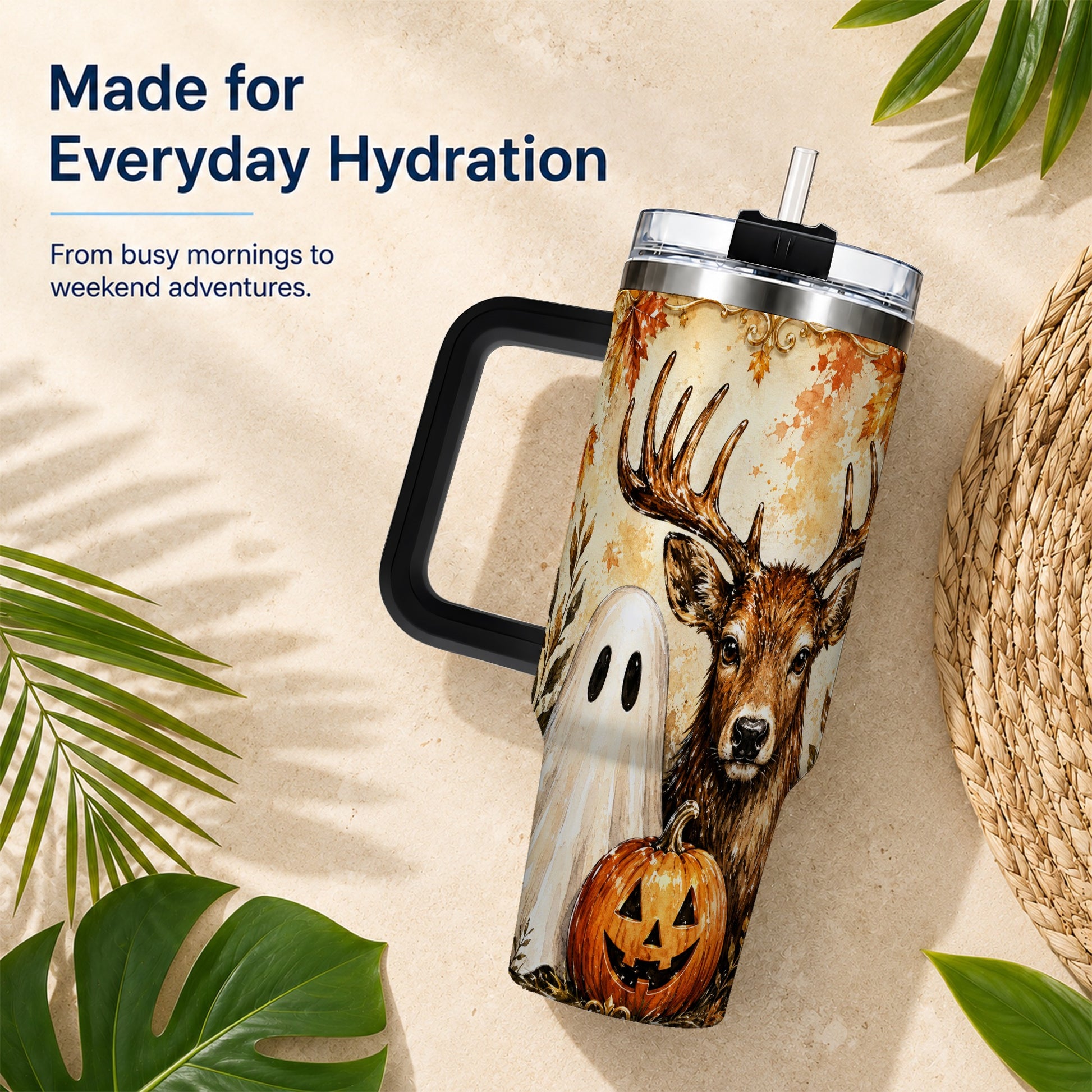 #pl[40oz|Black] Autumn Deer 40oz Tumbler, Ghost Pumpkin Stainless Steel Travel Cup