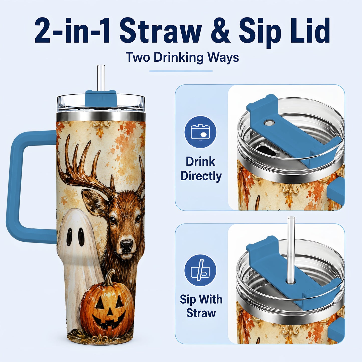 #pl[40oz|Blue] Autumn Deer 40oz Tumbler, Ghost Pumpkin Stainless Steel Travel Cup