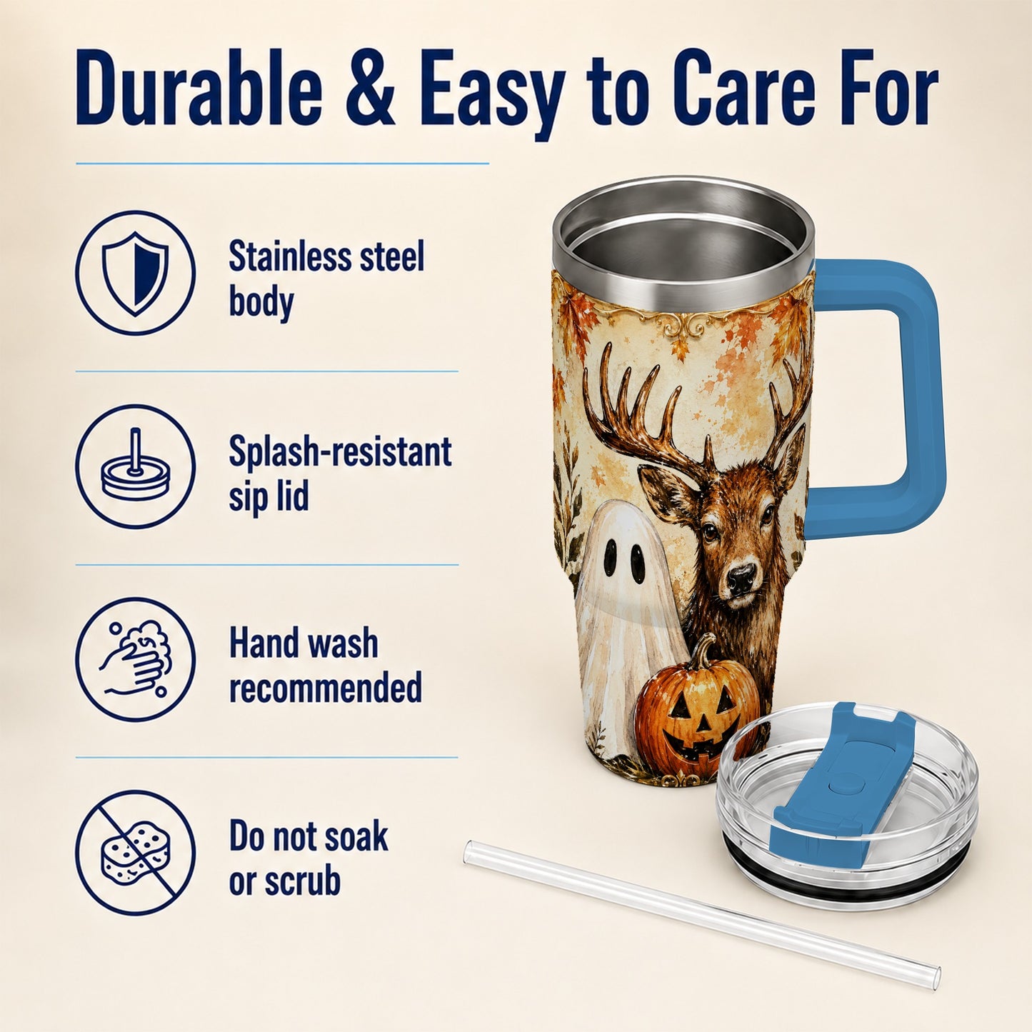 #pl[40oz|Blue] Autumn Deer 40oz Tumbler, Ghost Pumpkin Stainless Steel Travel Cup