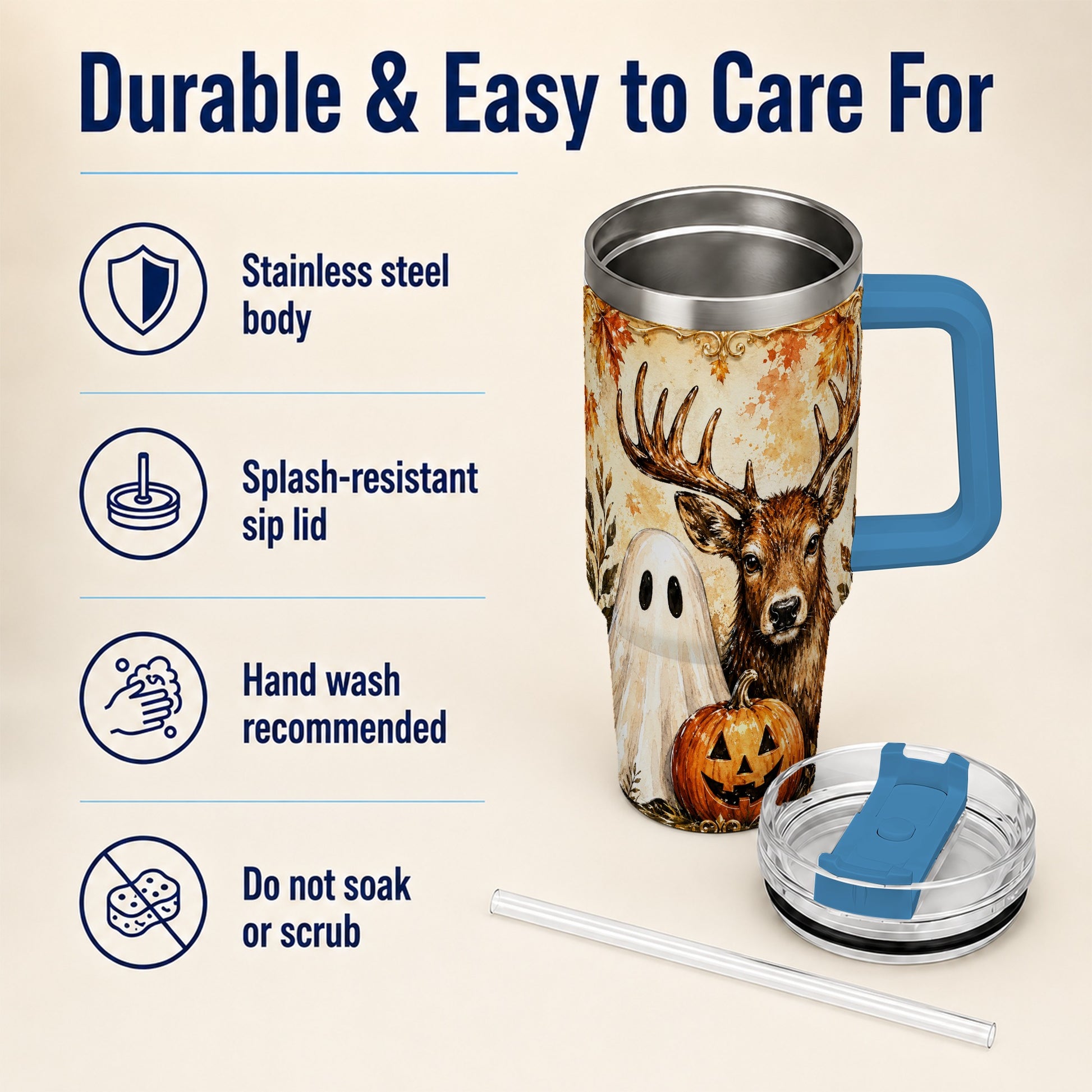 #pl[40oz|Blue] Autumn Deer 40oz Tumbler, Ghost Pumpkin Stainless Steel Travel Cup