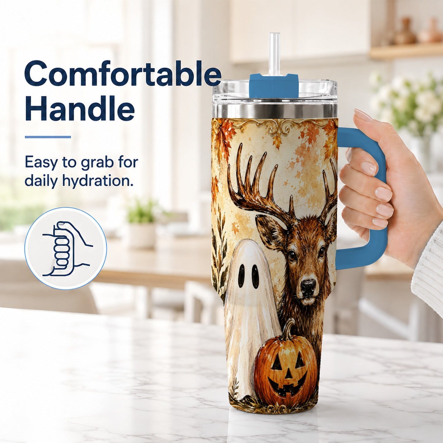 #pl[40oz|Blue] Autumn Deer 40oz Tumbler, Ghost Pumpkin Stainless Steel Travel Cup