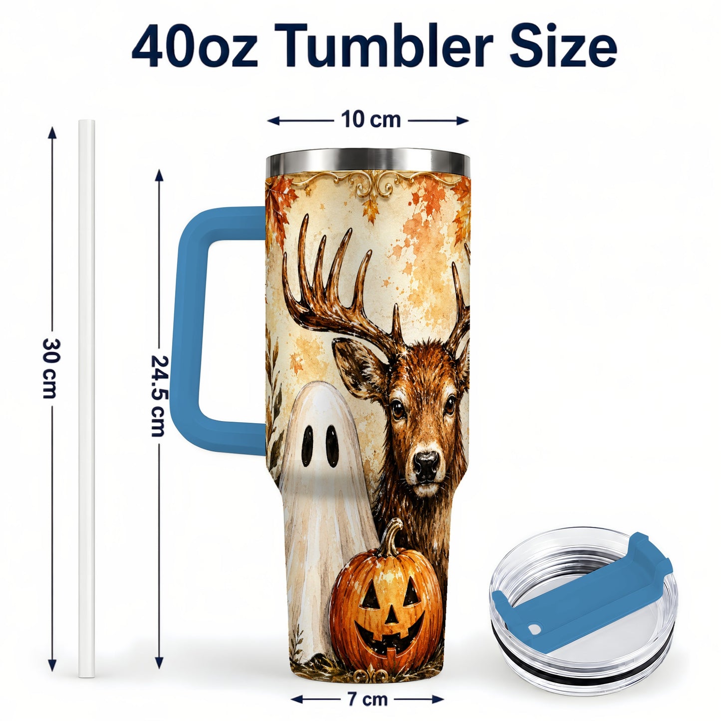 #pl[40oz|Blue] Autumn Deer 40oz Tumbler, Ghost Pumpkin Stainless Steel Travel Cup