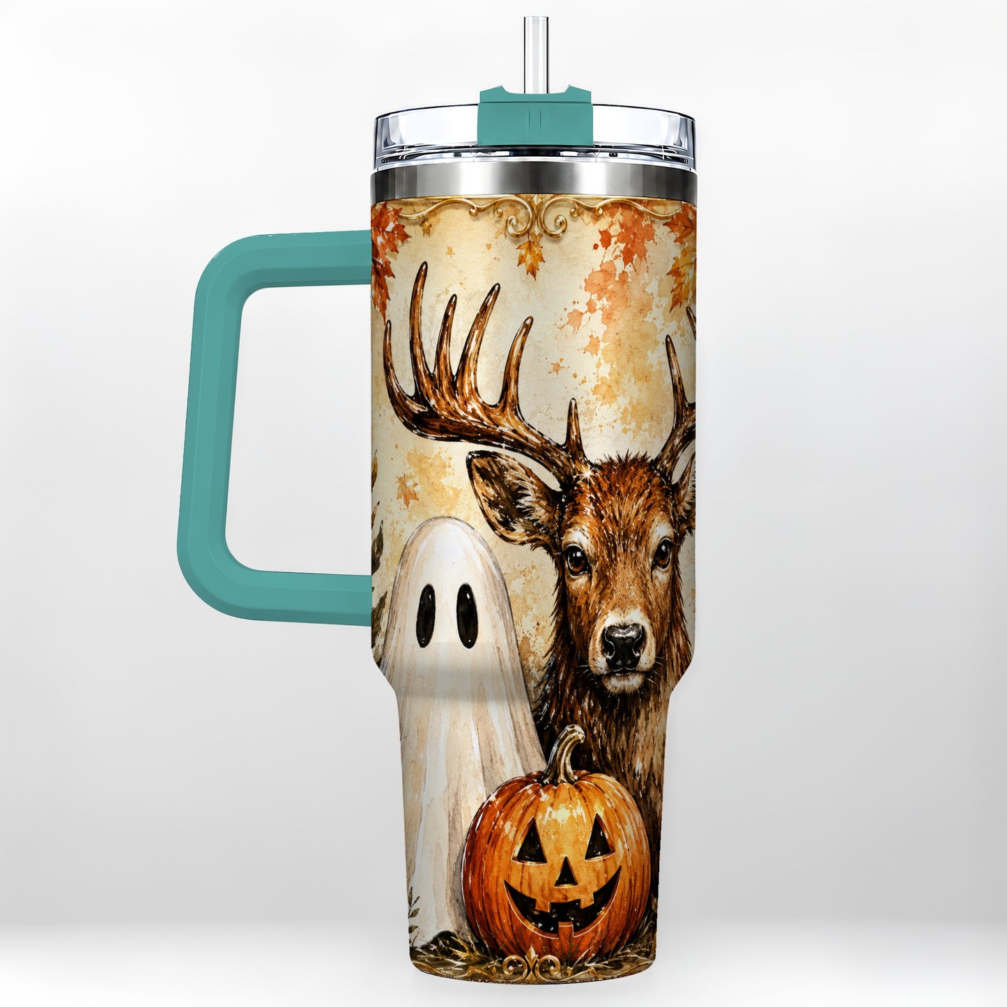 #pl[40oz|Green] Autumn Deer 40oz Tumbler, Ghost Pumpkin Stainless Steel Travel Cup
