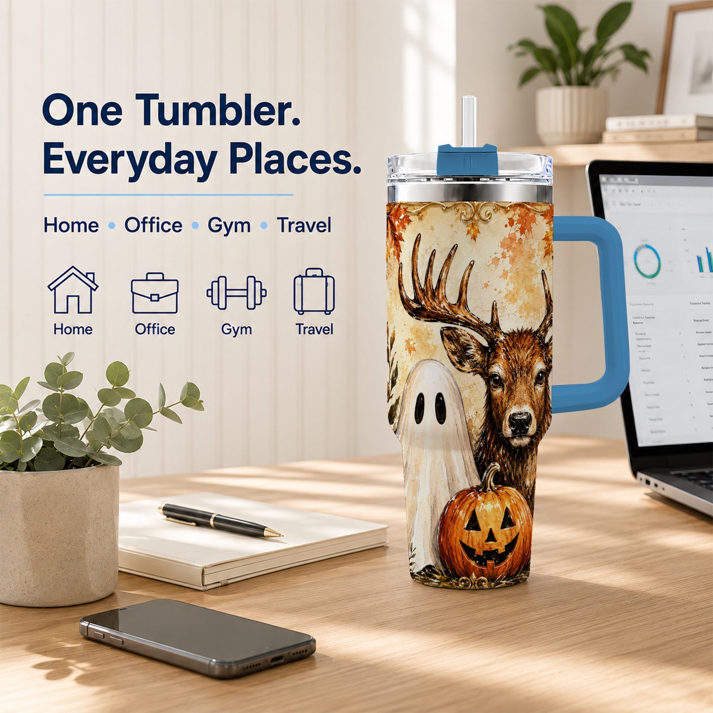 #pl[40oz|Blue] Autumn Deer 40oz Tumbler, Ghost Pumpkin Stainless Steel Travel Cup