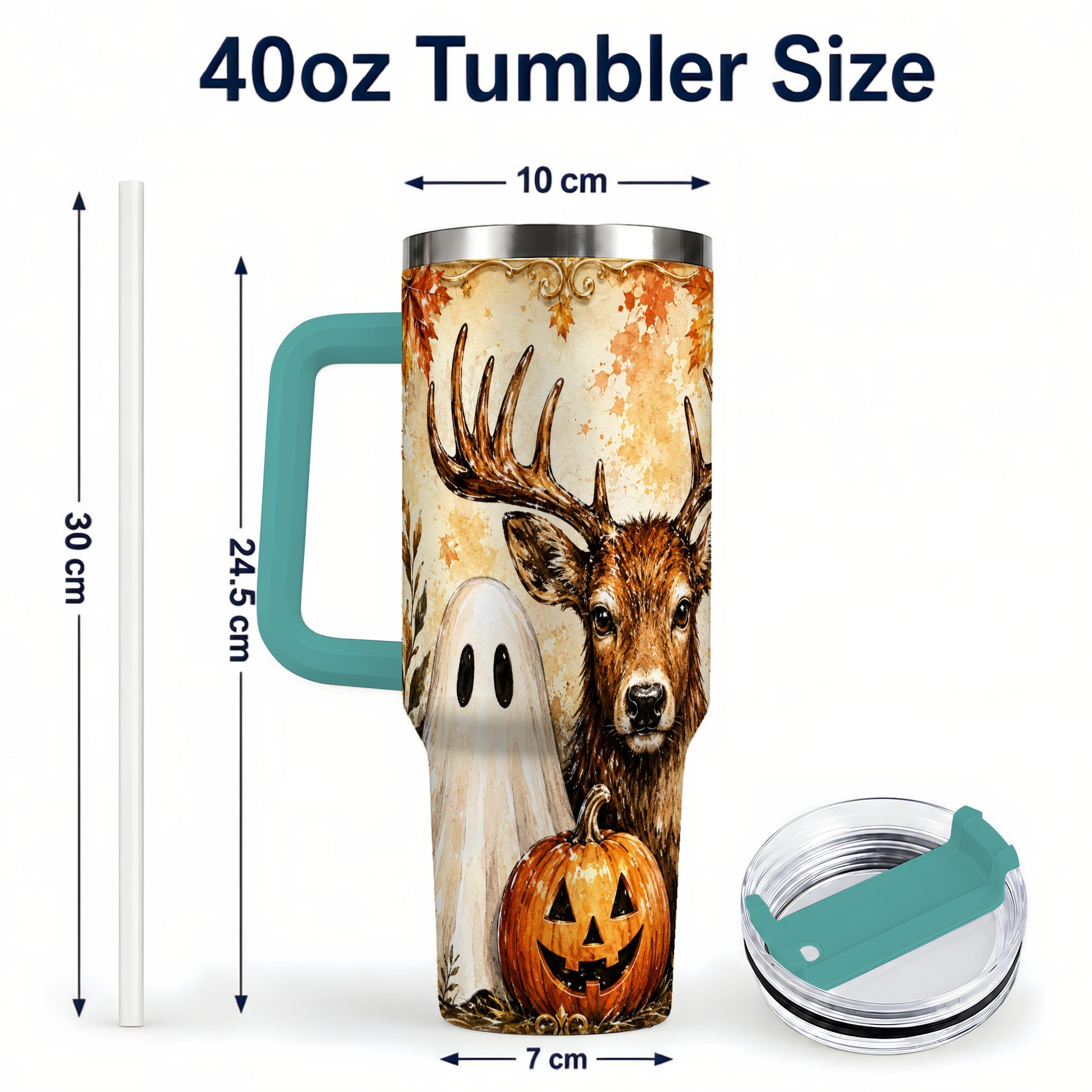 #pl[40oz|Green] Autumn Deer 40oz Tumbler, Ghost Pumpkin Stainless Steel Travel Cup