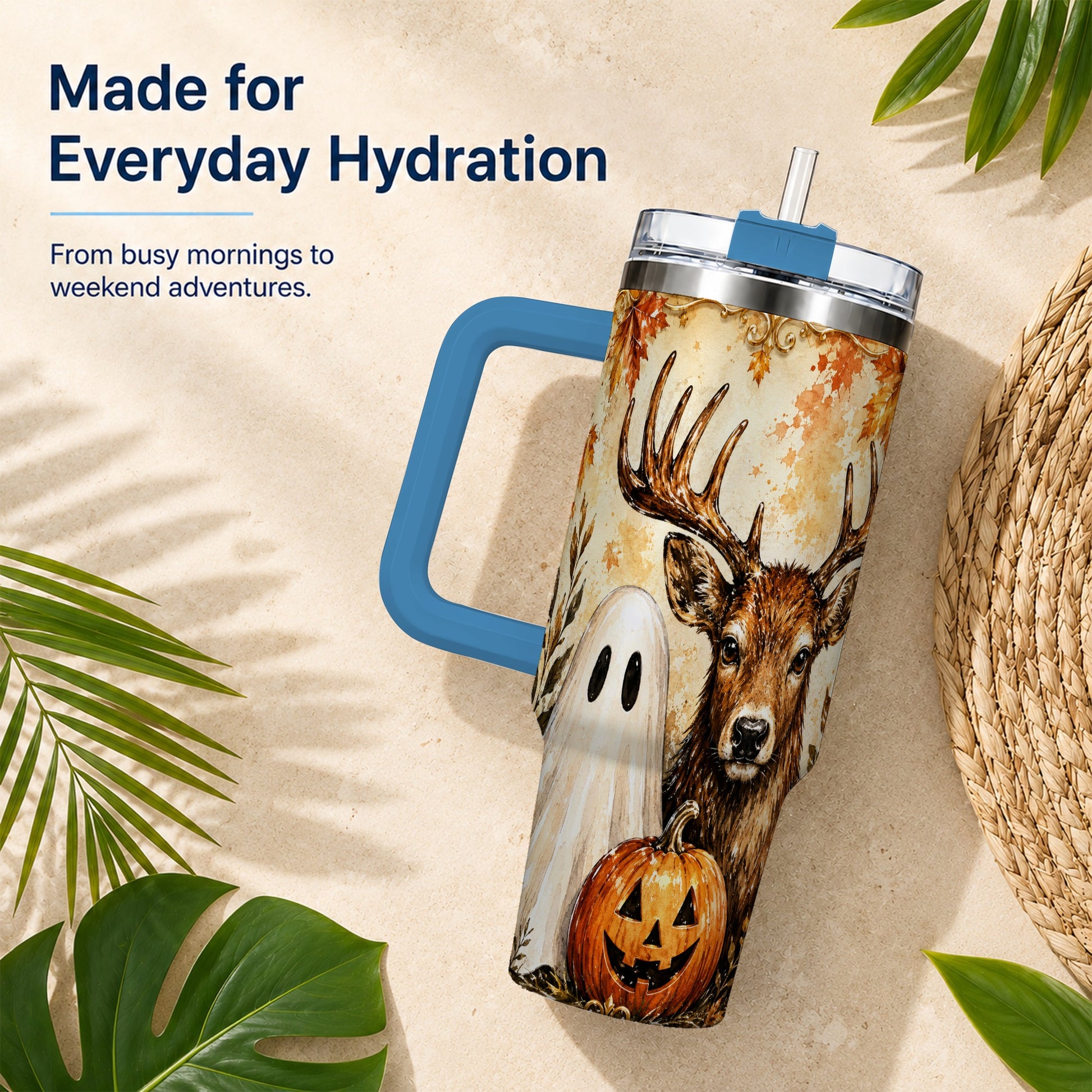 #pl[40oz|Blue] Autumn Deer 40oz Tumbler, Ghost Pumpkin Stainless Steel Travel Cup
