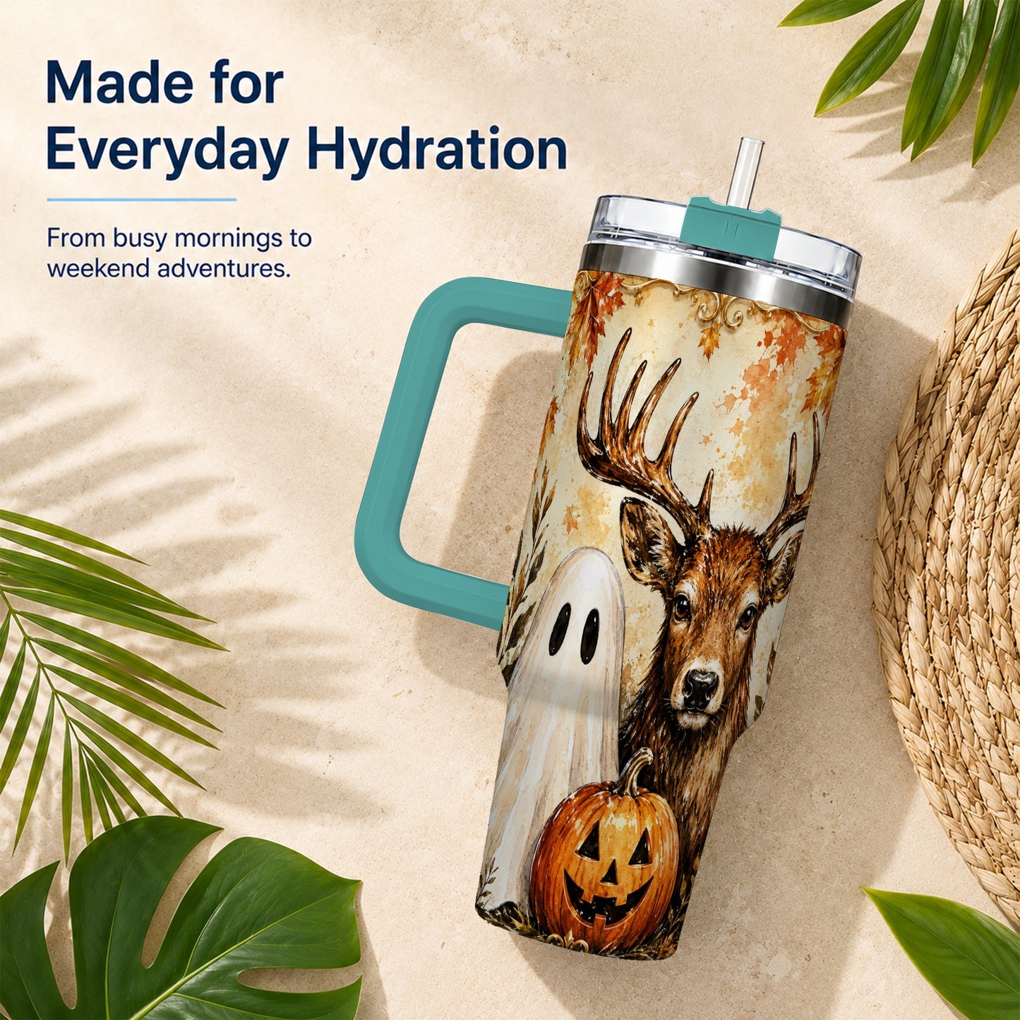 #pl[40oz|Green] Autumn Deer 40oz Tumbler, Ghost Pumpkin Stainless Steel Travel Cup