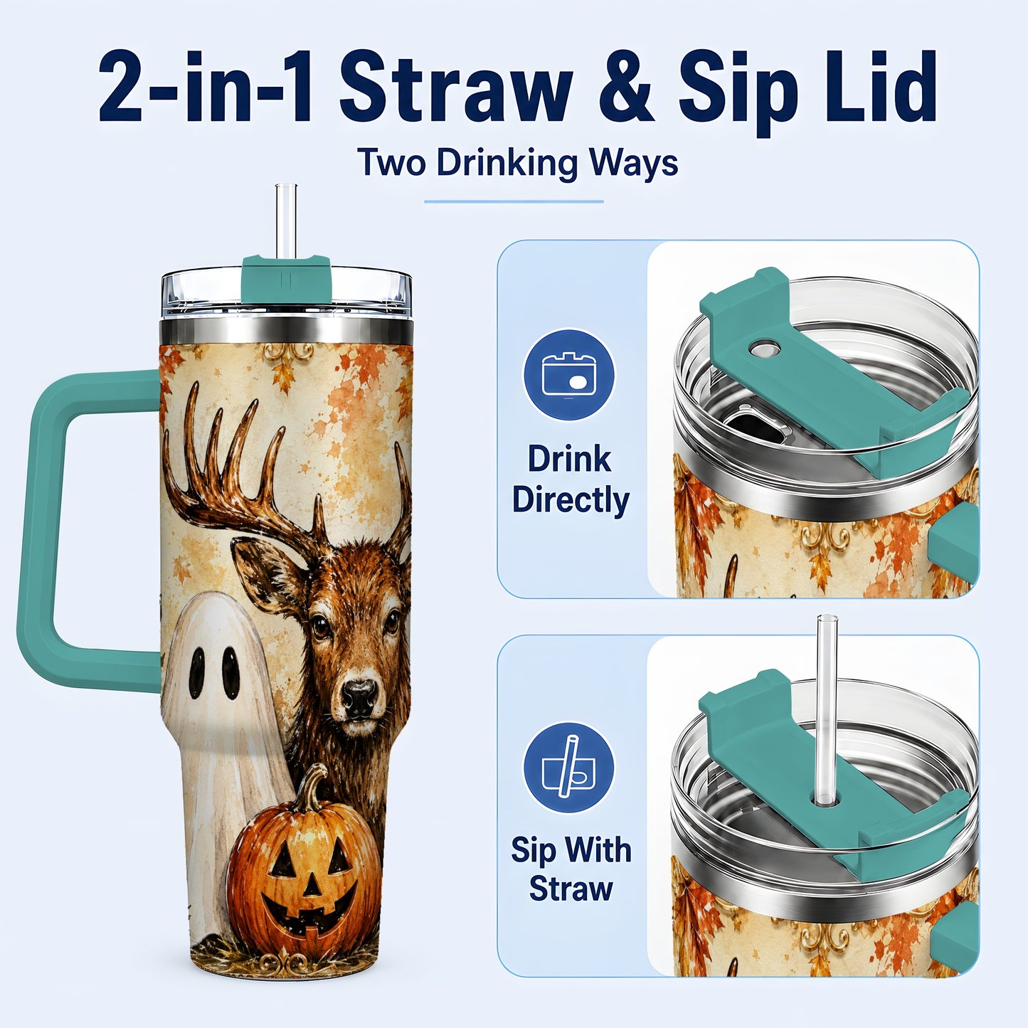 #pl[40oz|Green] Autumn Deer 40oz Tumbler, Ghost Pumpkin Stainless Steel Travel Cup