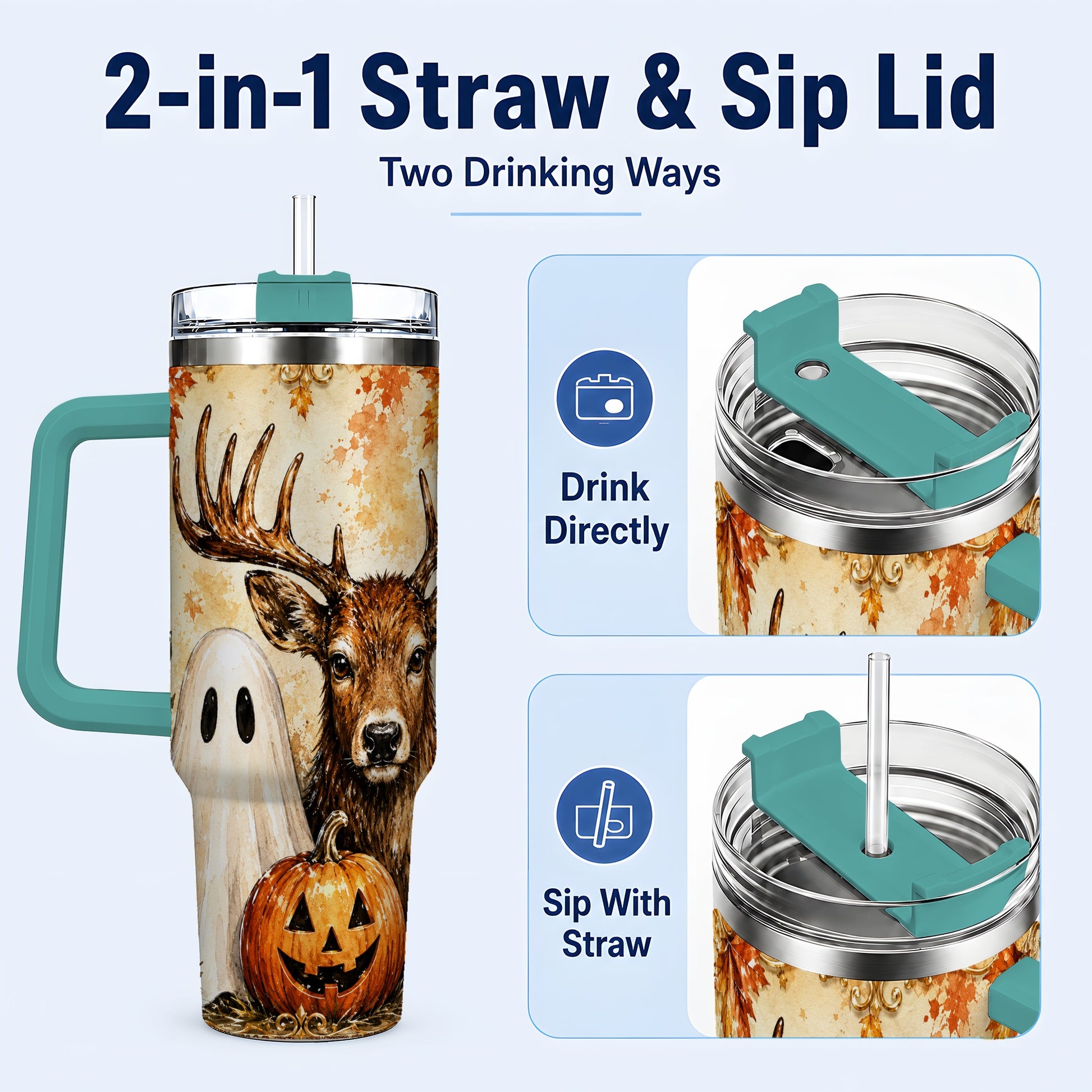 #pl[40oz|Green] Autumn Deer 40oz Tumbler, Ghost Pumpkin Stainless Steel Travel Cup