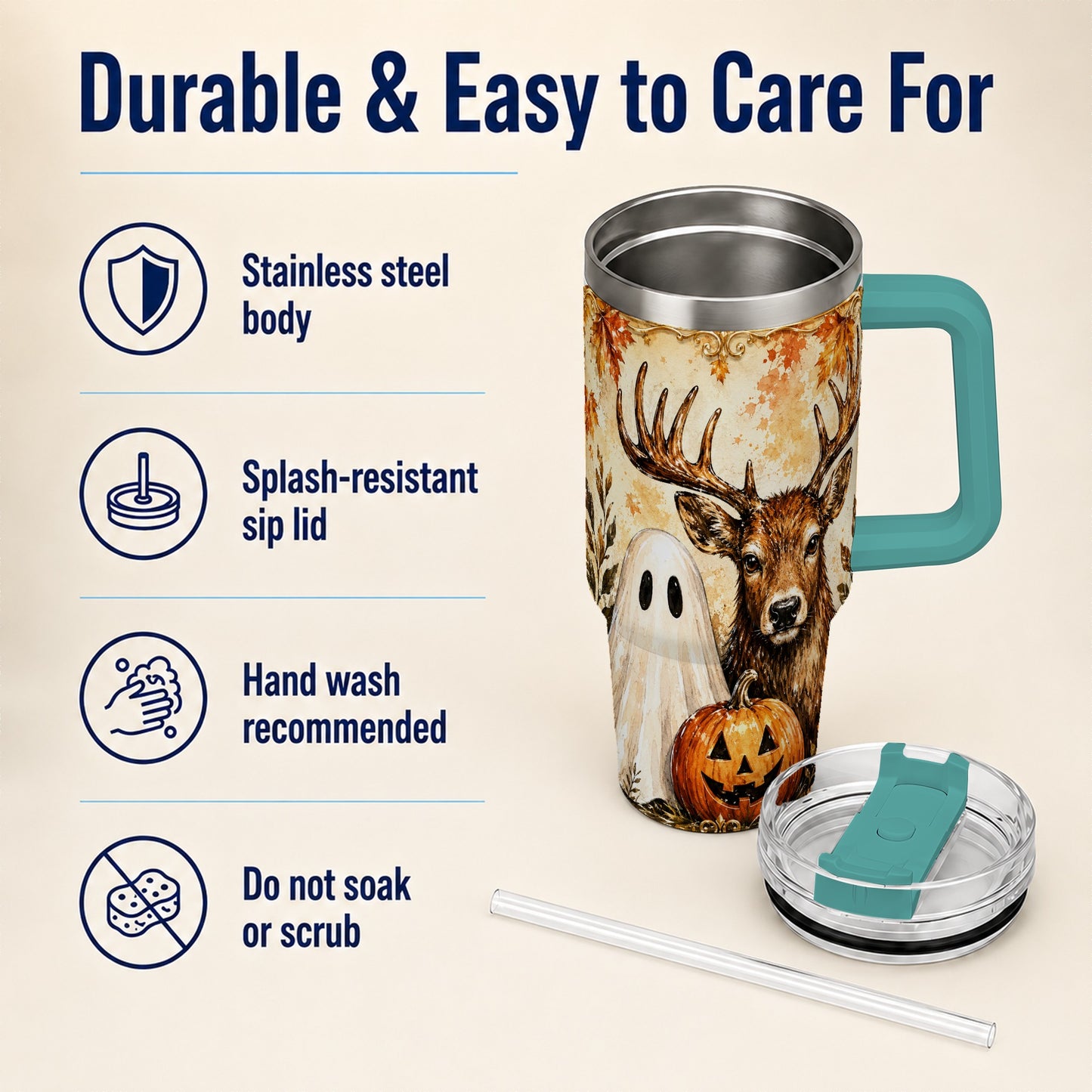 #pl[40oz|Green] Autumn Deer 40oz Tumbler, Ghost Pumpkin Stainless Steel Travel Cup