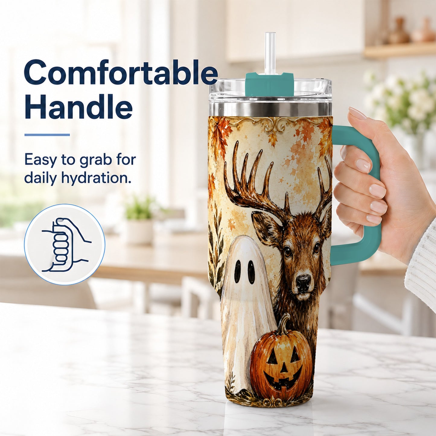 #pl[40oz|Green] Autumn Deer 40oz Tumbler, Ghost Pumpkin Stainless Steel Travel Cup