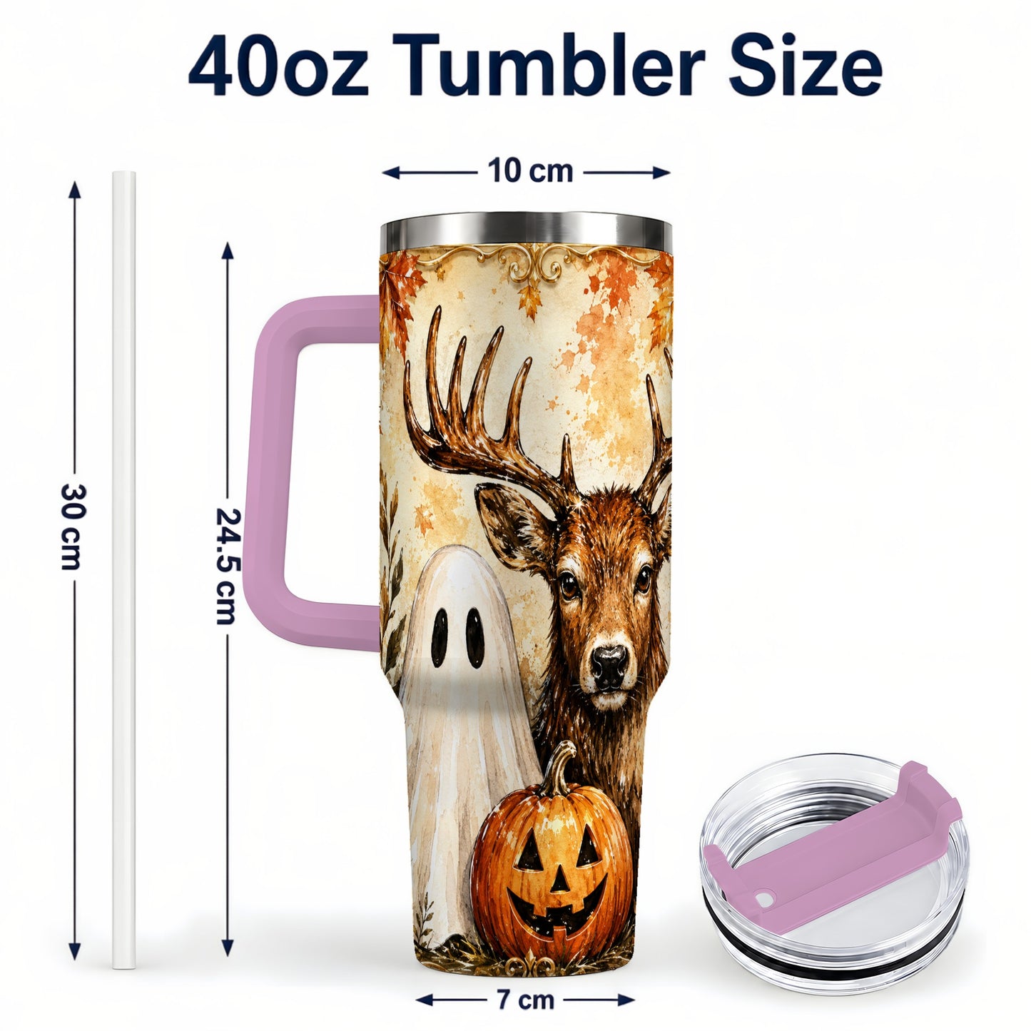 #pl[40oz|Pink] Autumn Deer 40oz Tumbler, Ghost Pumpkin Stainless Steel Travel Cup